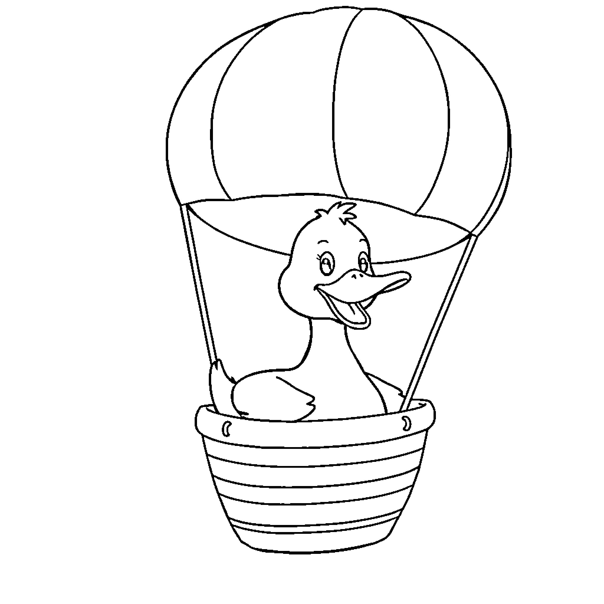 Duck in a hot air balloon Coloring Page (free black-and-white line drawing printable PDF for all, from beginners to advanced learners, including children, teens, adults, and seniors)