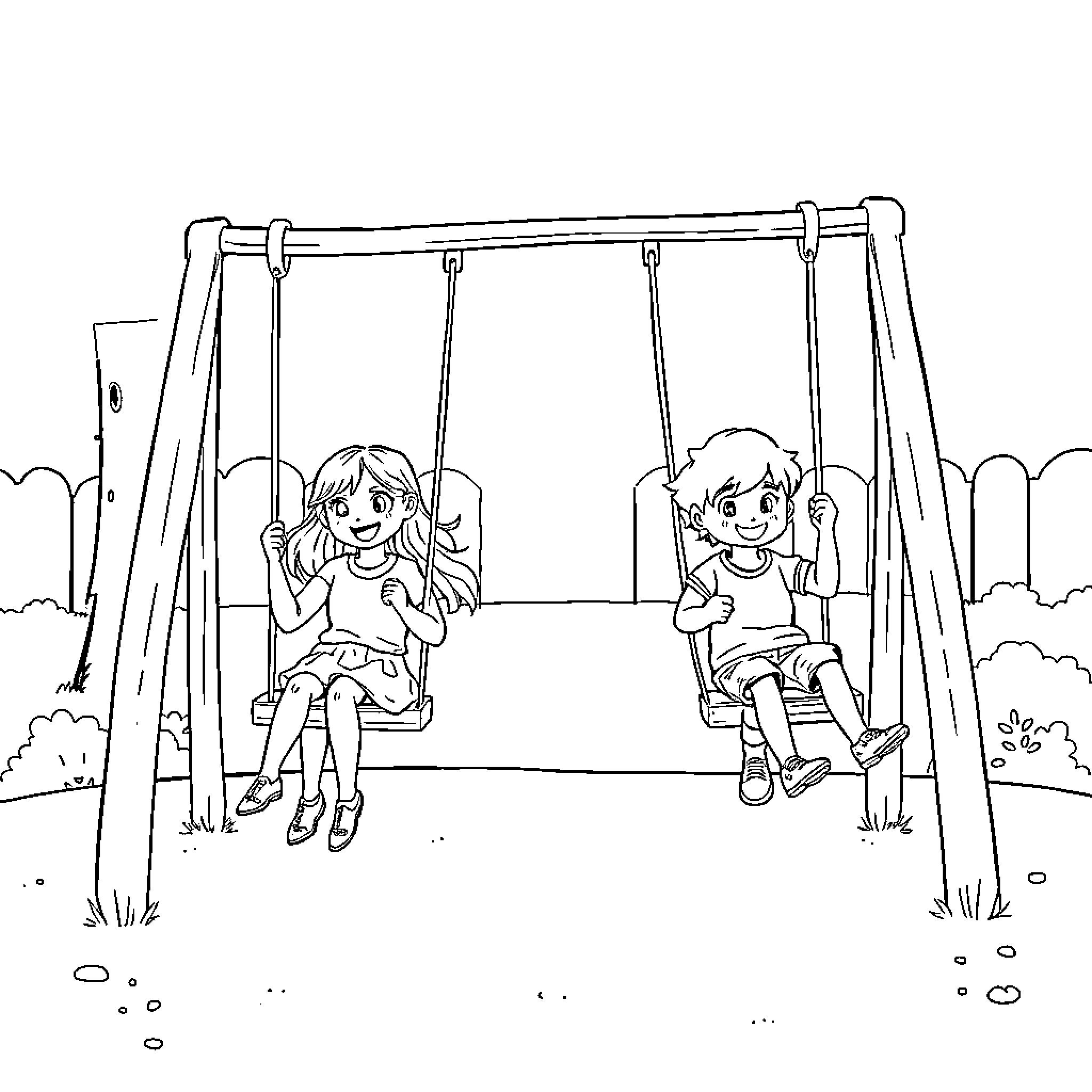 Siblings enjoying playtime on swings Coloring Page (free black-and-white line drawing printable PDF for all, from beginners to advanced learners, including children, teens, adults, and seniors)