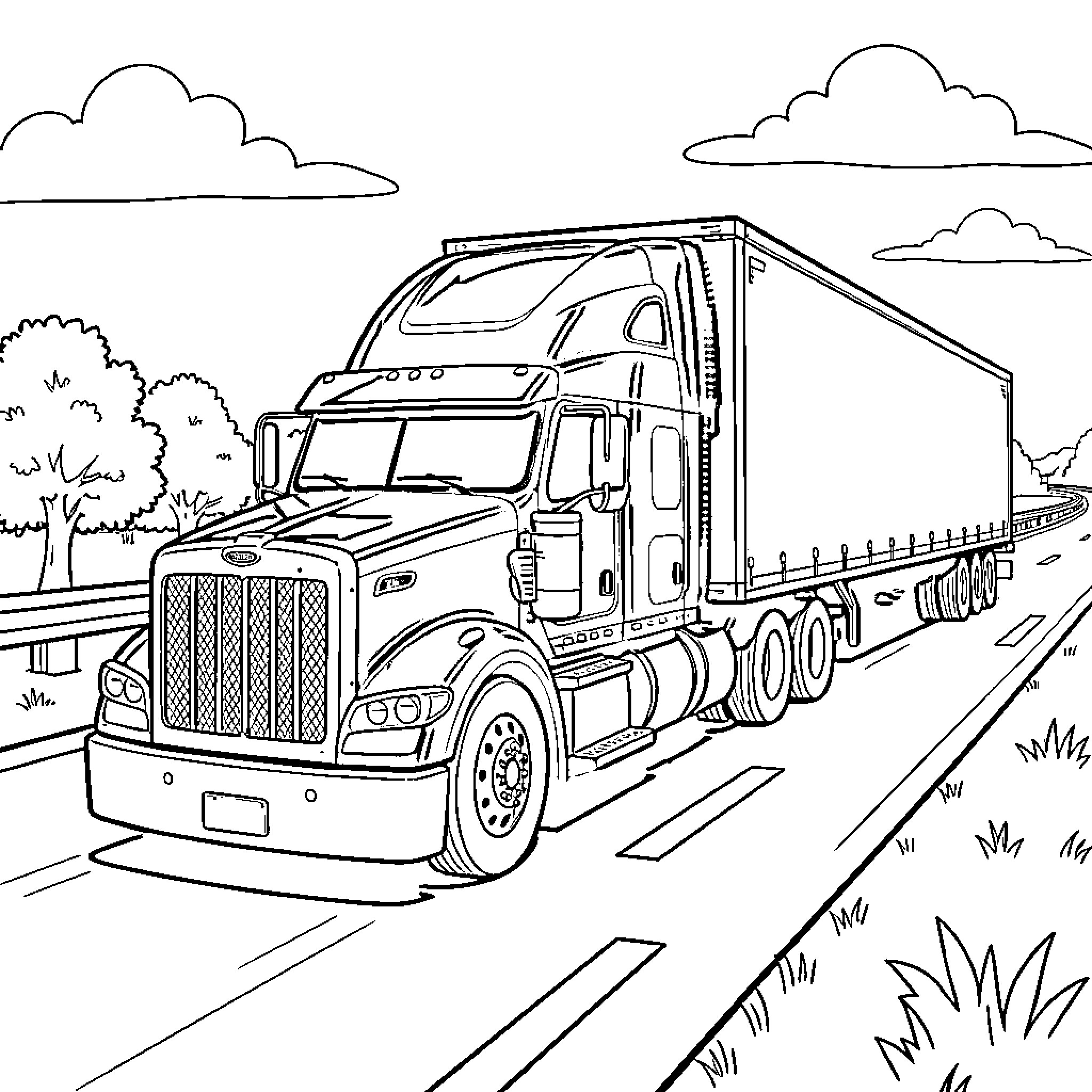 Peterbilt truck driving on open road Coloring Page (free black-and-white line drawing printable PDF for all, from beginners to advanced learners, including children, teens, adults, and seniors)