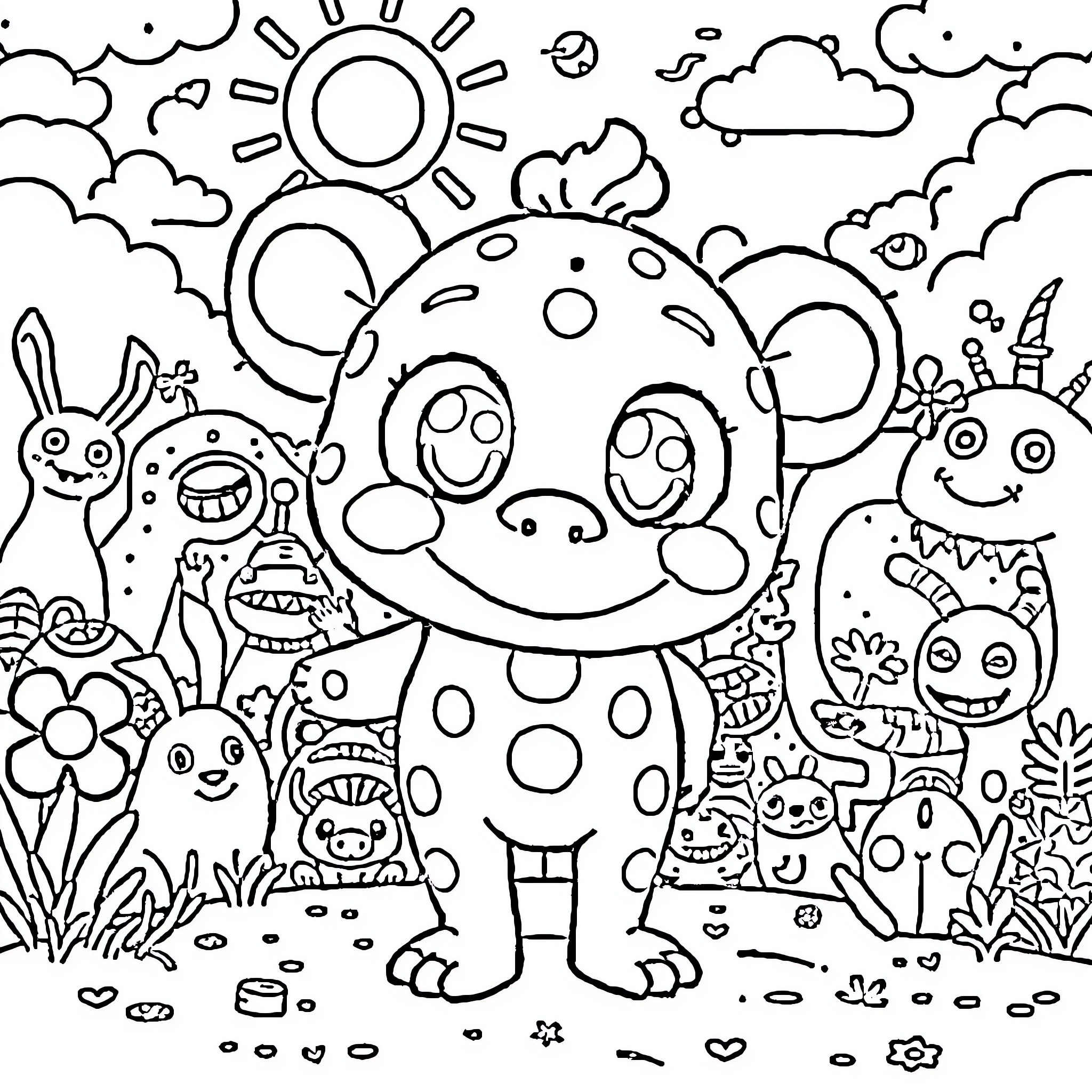Labubu's Playful Adventure in the Whimsical Wonderland Coloring Page (free black-and-white line drawing printable PDF for all, from beginners to advanced learners, including children, teens, adults, and seniors)
