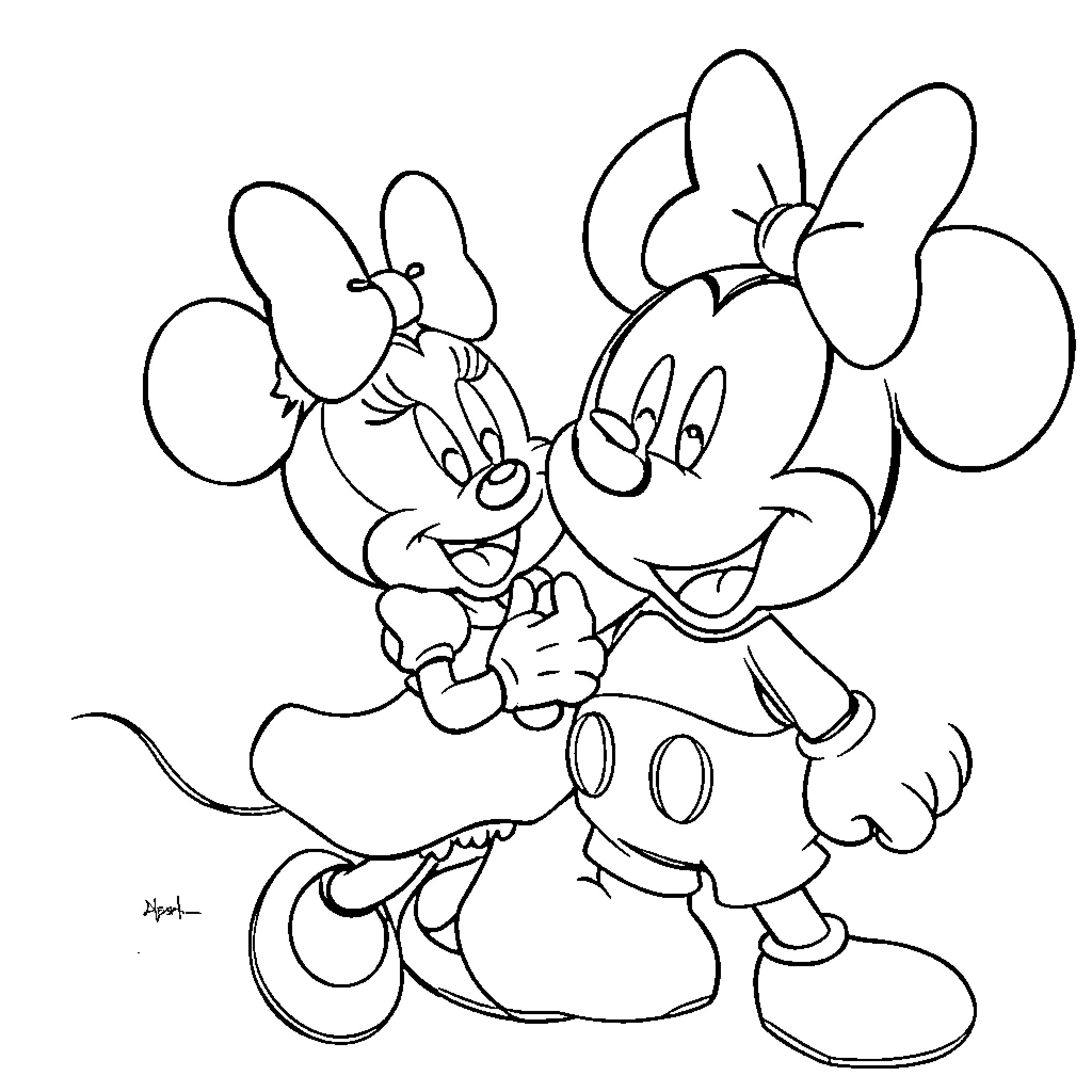 Minnie and Mickey in Playful Embrace Coloring Page (free black-and-white line drawing printable PDF for all, from beginners to advanced learners, including children, teens, adults, and seniors)