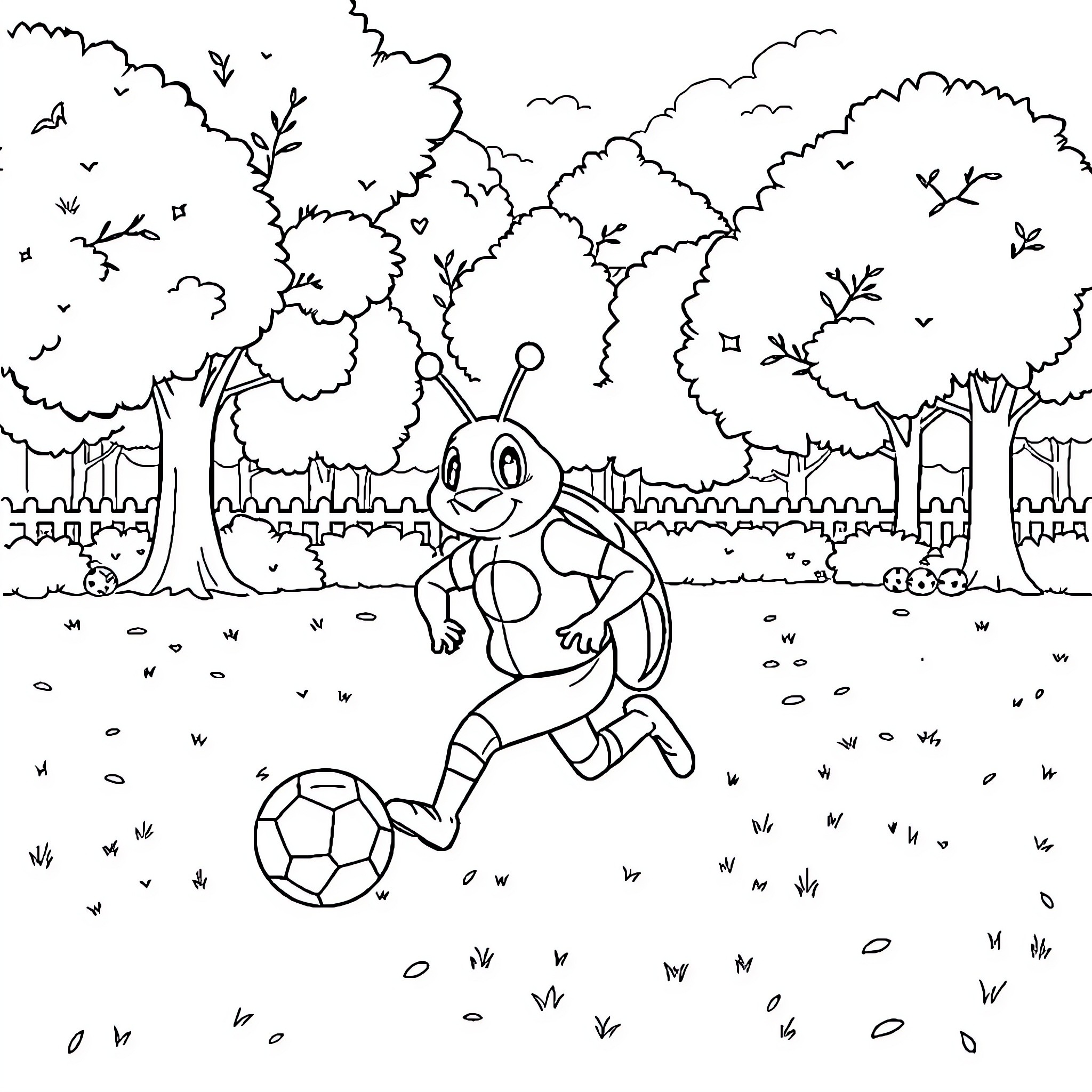 Paw Patrol character playing with soccer ball in a park Coloring Page (free black-and-white line drawing printable PDF for all, from beginners to advanced learners, including children, teens, adults, and seniors)