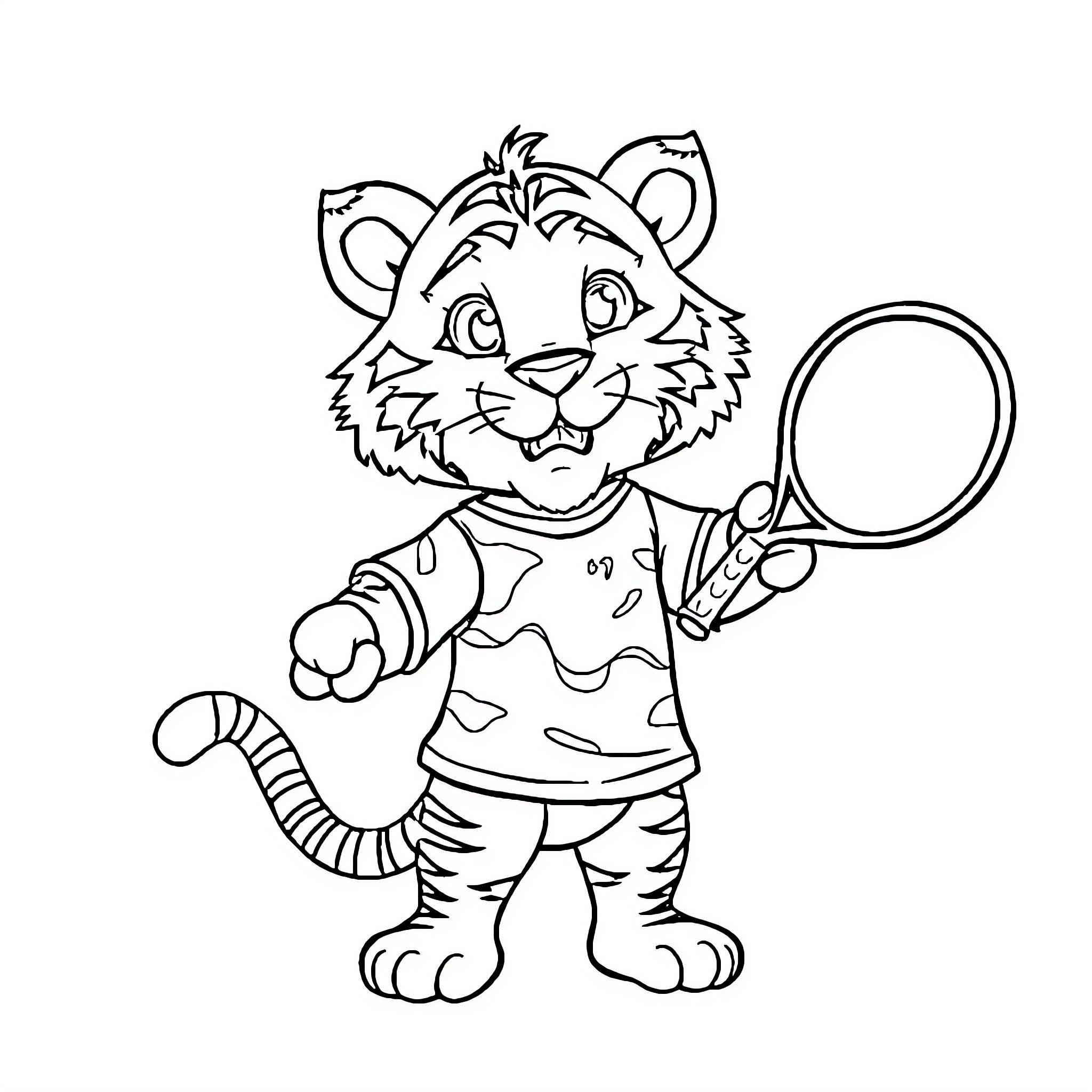Tiger Playfully Holding Magnifying Glass Coloring Page (free black-and-white line drawing printable PDF for all, from beginners to advanced learners, including children, teens, adults, and seniors)
