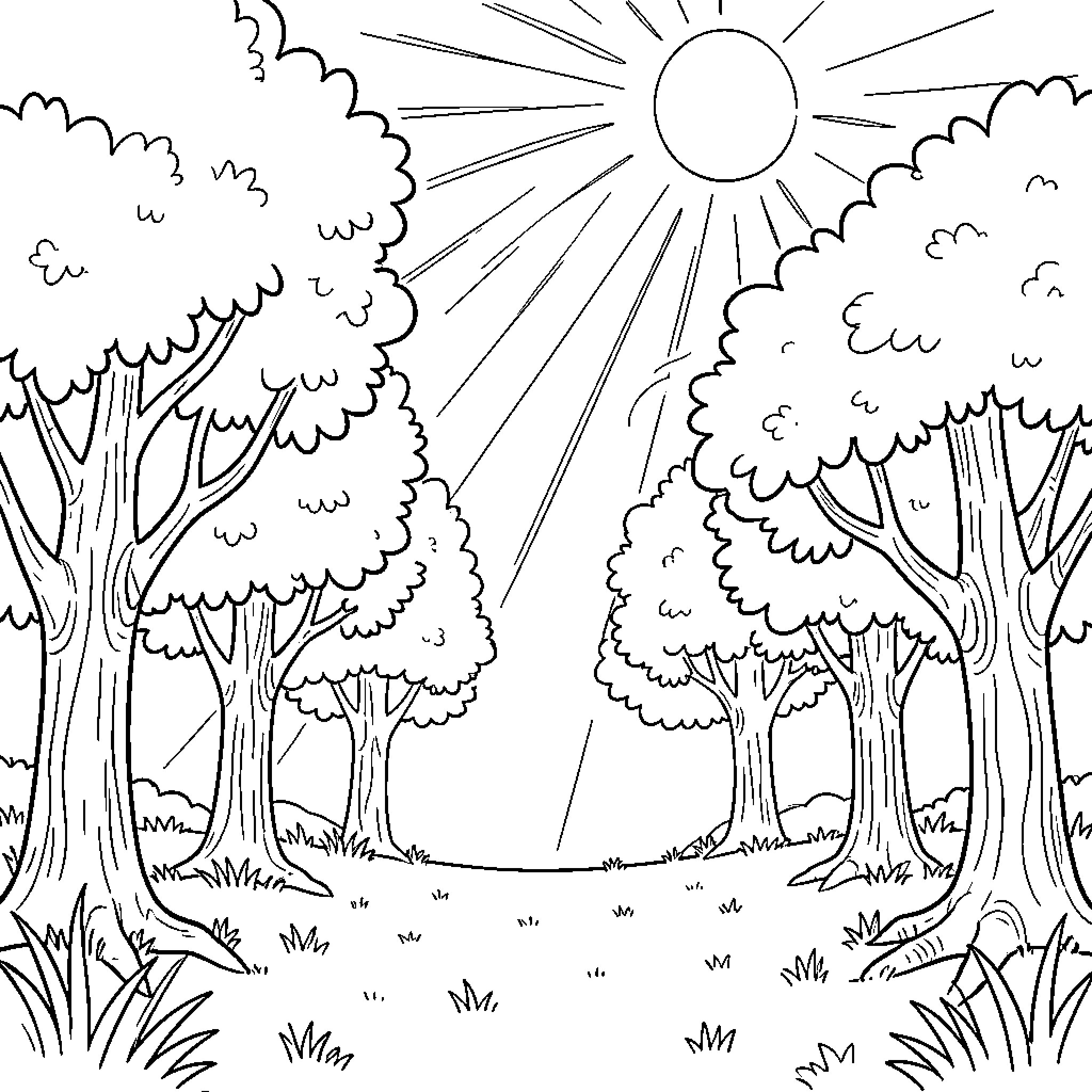 Sun and Wind blowing through a lush forest Coloring Page (free black-and-white line drawing printable PDF for all, from beginners to advanced learners, including children, teens, adults, and seniors)