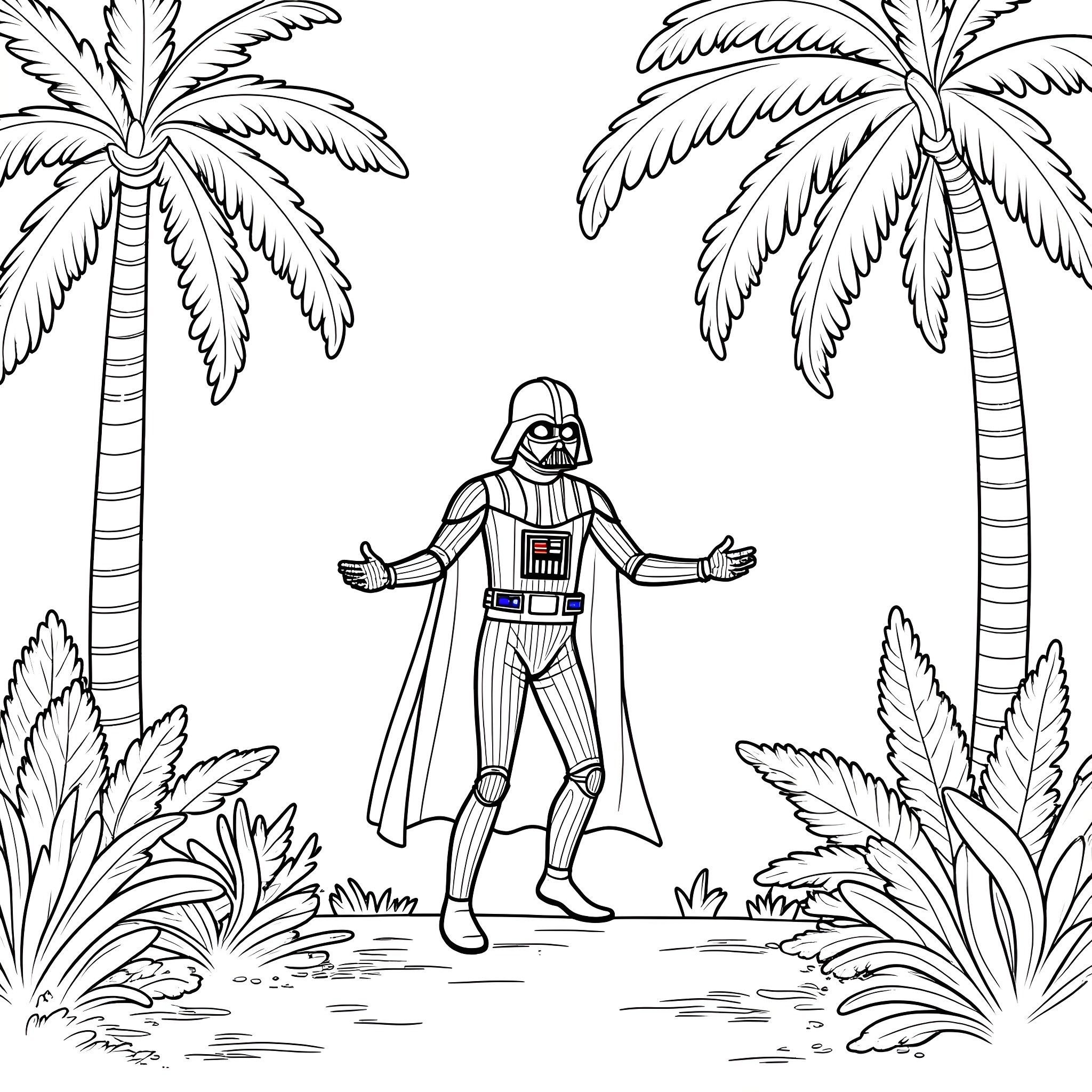 Vader in a tropical paradise Coloring Page (free black-and-white line drawing printable PDF for all, from beginners to advanced learners, including children, teens, adults, and seniors)
