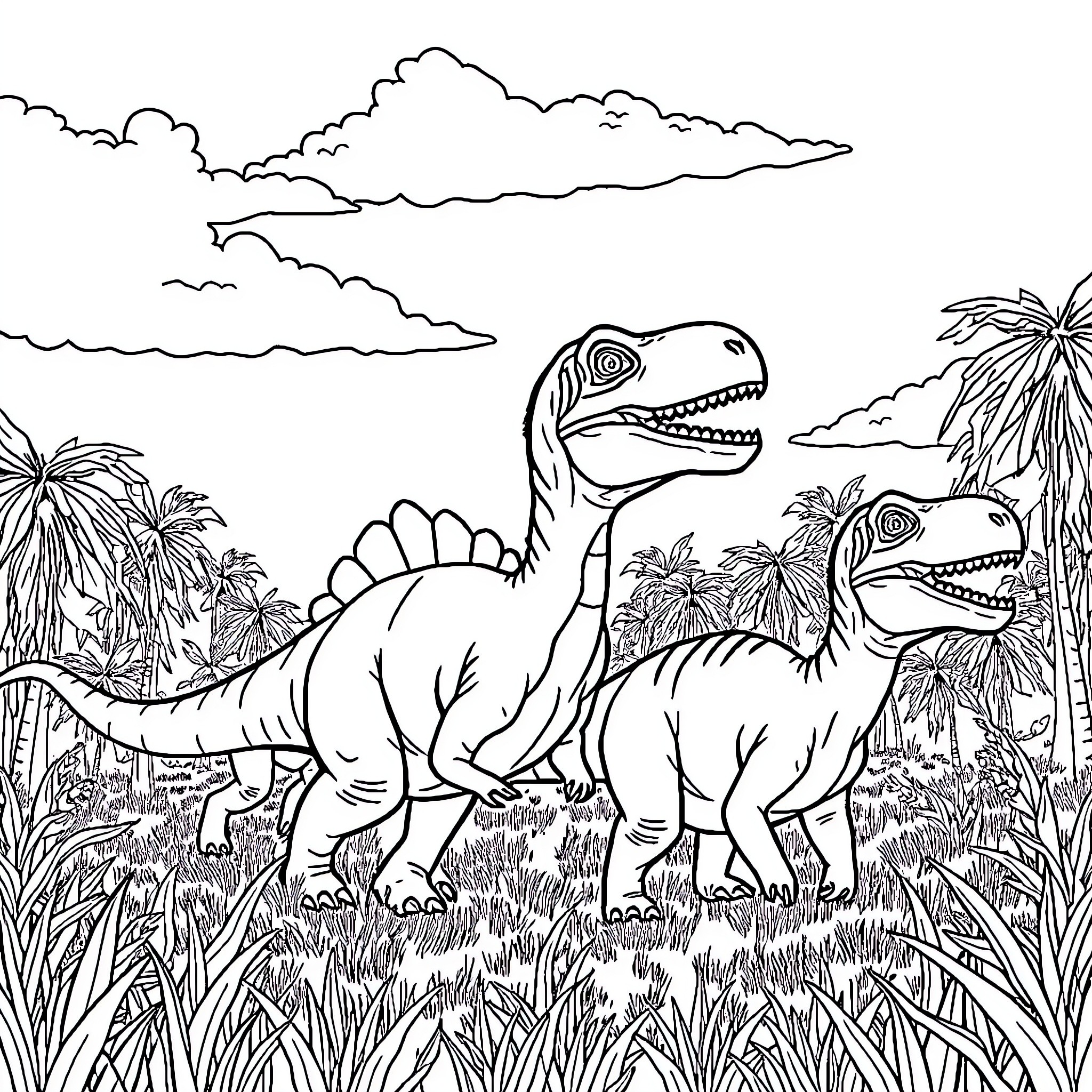 Dinosaur pair exploring lush prehistoric landscape Coloring Page (free black-and-white line drawing printable PDF for all, from beginners to advanced learners, including children, teens, adults, and seniors)