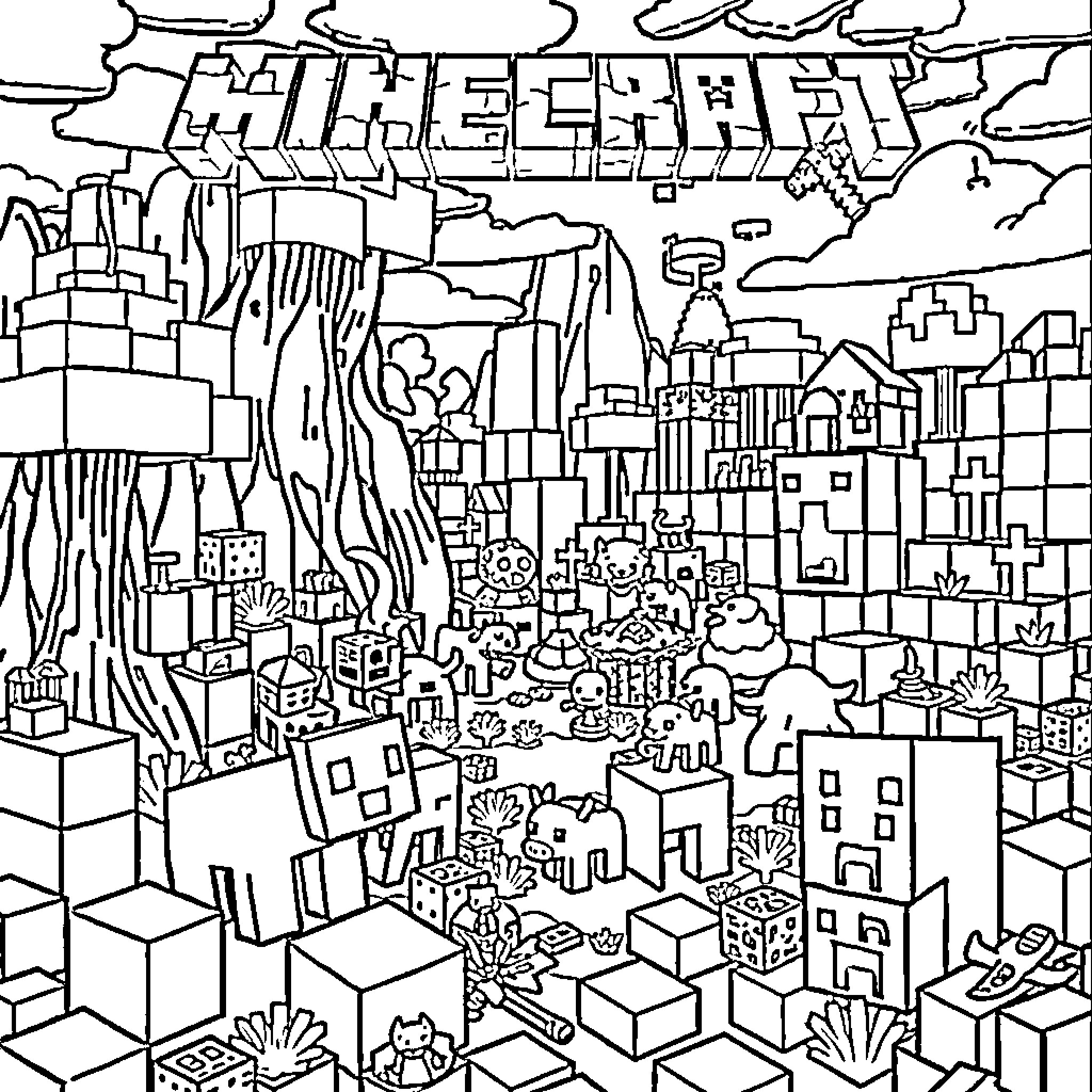 Minecraft Landscape with Diverse Structures and Elements Coloring Page (free black-and-white line drawing printable PDF for all, from beginners to advanced learners, including children, teens, adults, and seniors)