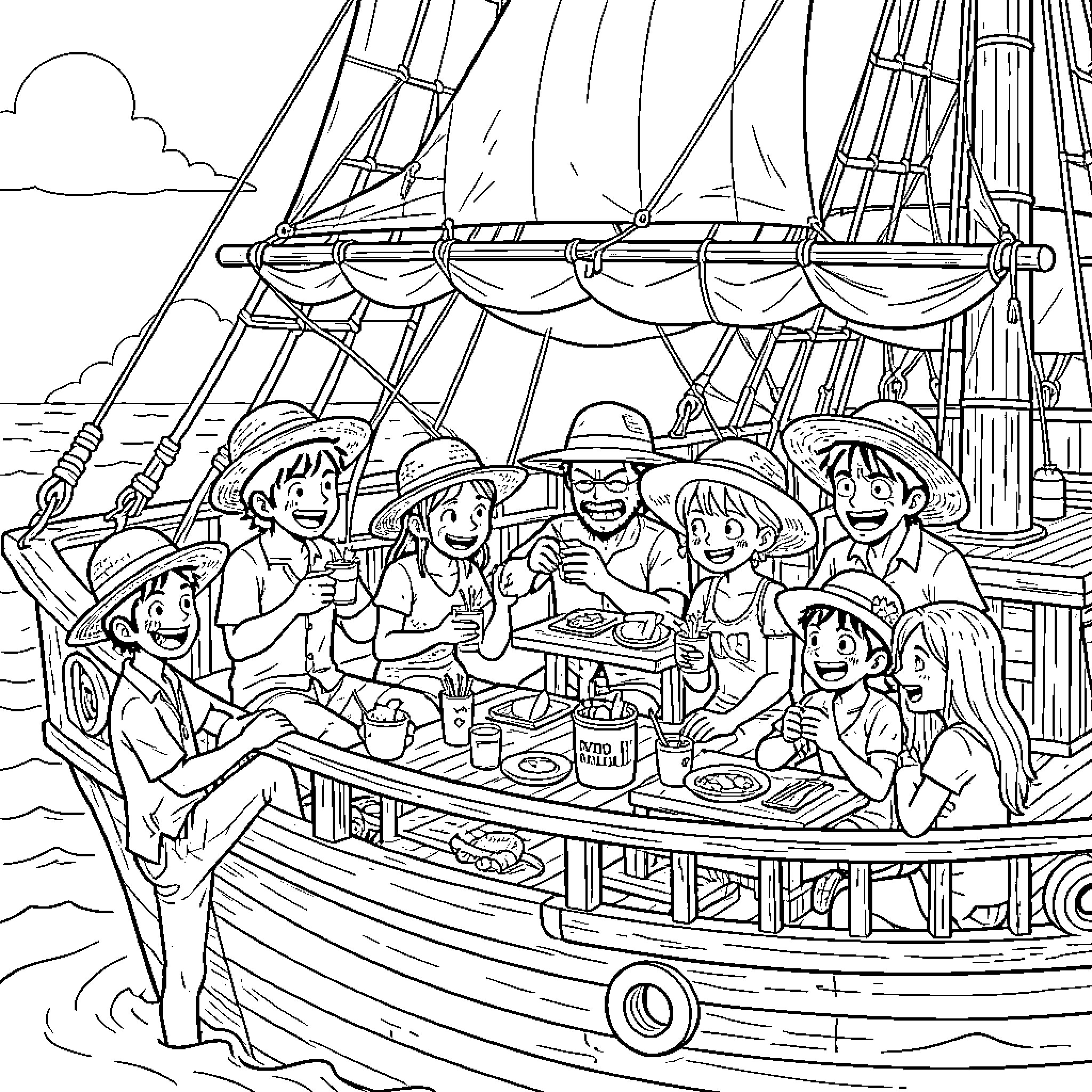 Equipage of friends feasting together on a sailing ship Coloring Page (free black-and-white line drawing printable PDF for all, from beginners to advanced learners, including children, teens, adults, and seniors)