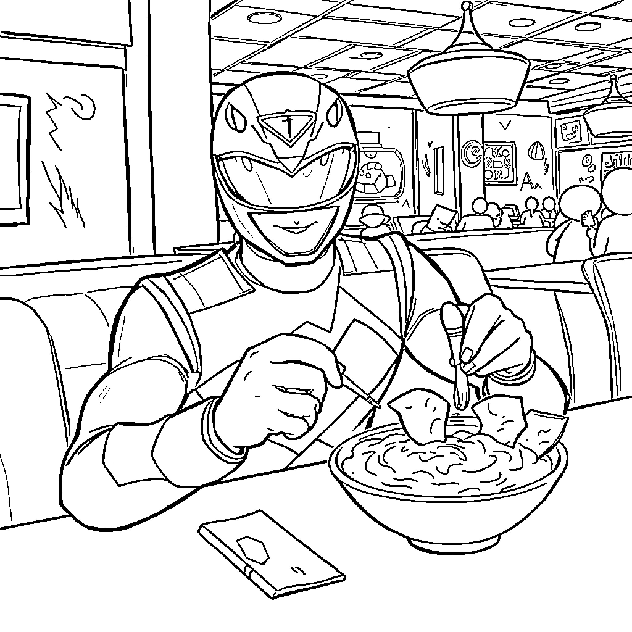 Power Ranger Enjoying a Meal at Diner Coloring Page (free black-and-white line drawing printable PDF for all, from beginners to advanced learners, including children, teens, adults, and seniors)