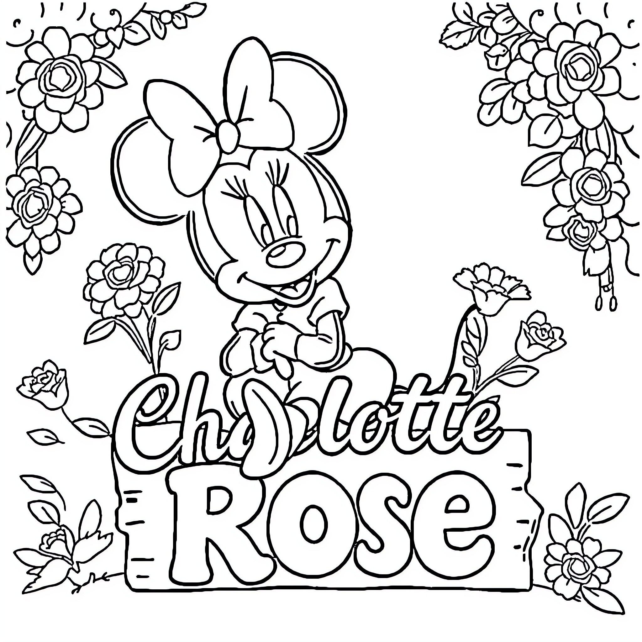 Minnie Mouse amid floral garden and sign Coloring Page (free black-and-white line drawing printable PDF for all, from beginners to advanced learners, including children, teens, adults, and seniors)