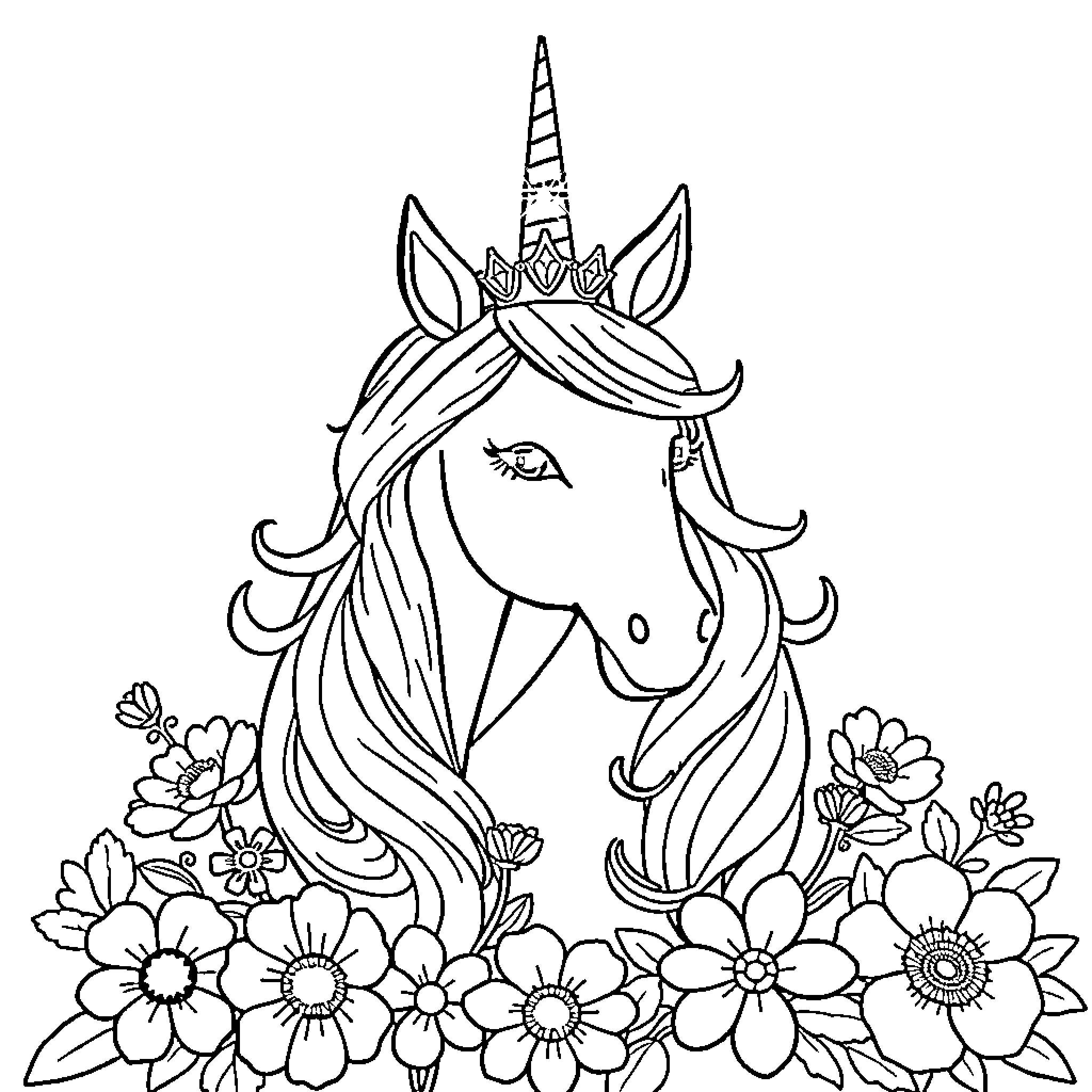 Unicorn surrounded by beautiful flowers Coloring Page (free black-and-white line drawing printable PDF for all, from beginners to advanced learners, including children, teens, adults, and seniors)