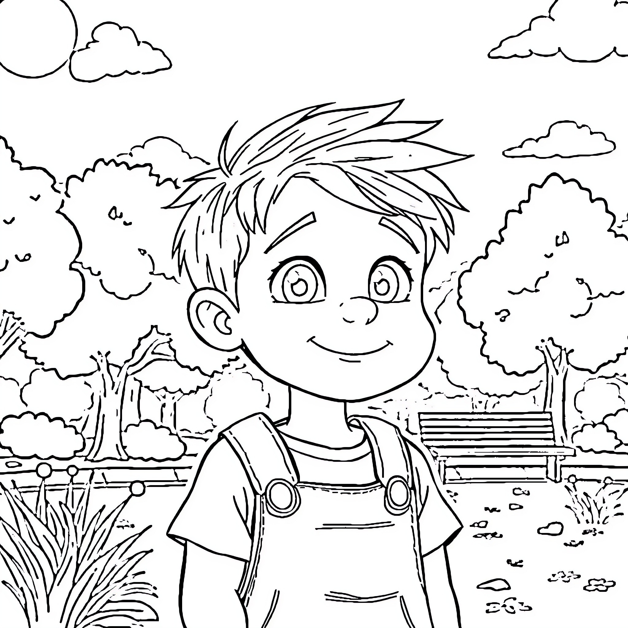 Thomas enjoying the outdoors in the park Coloring Page (free black-and-white line drawing printable PDF for all, from beginners to advanced learners, including children, teens, adults, and seniors)