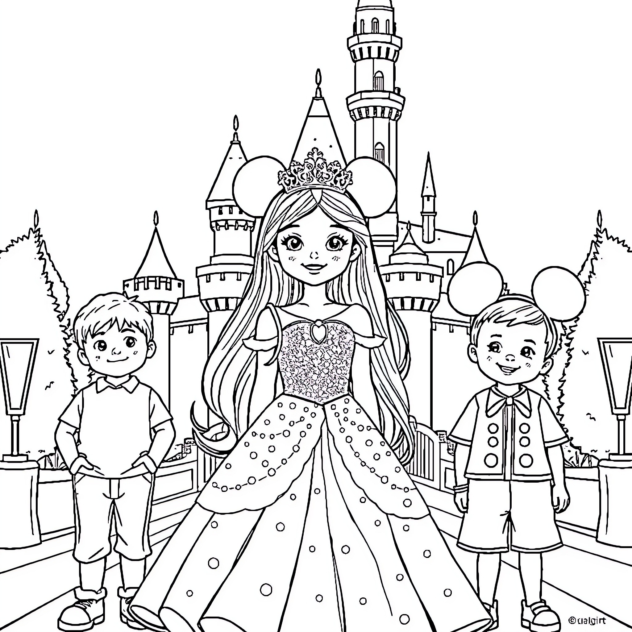 Children in Fairy Tale Attire at a Castle Coloring Page (free black-and-white line drawing printable PDF for all, from beginners to advanced learners, including children, teens, adults, and seniors)