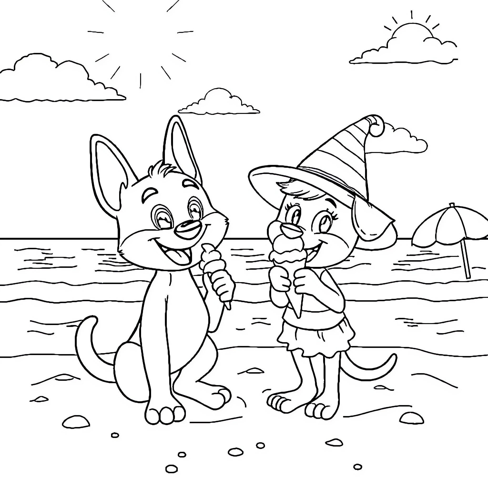 Bluey and Bingo enjoy a sunny day at the beach Coloring Page (free black-and-white line drawing printable PDF for all, from beginners to advanced learners, including children, teens, adults, and seniors)