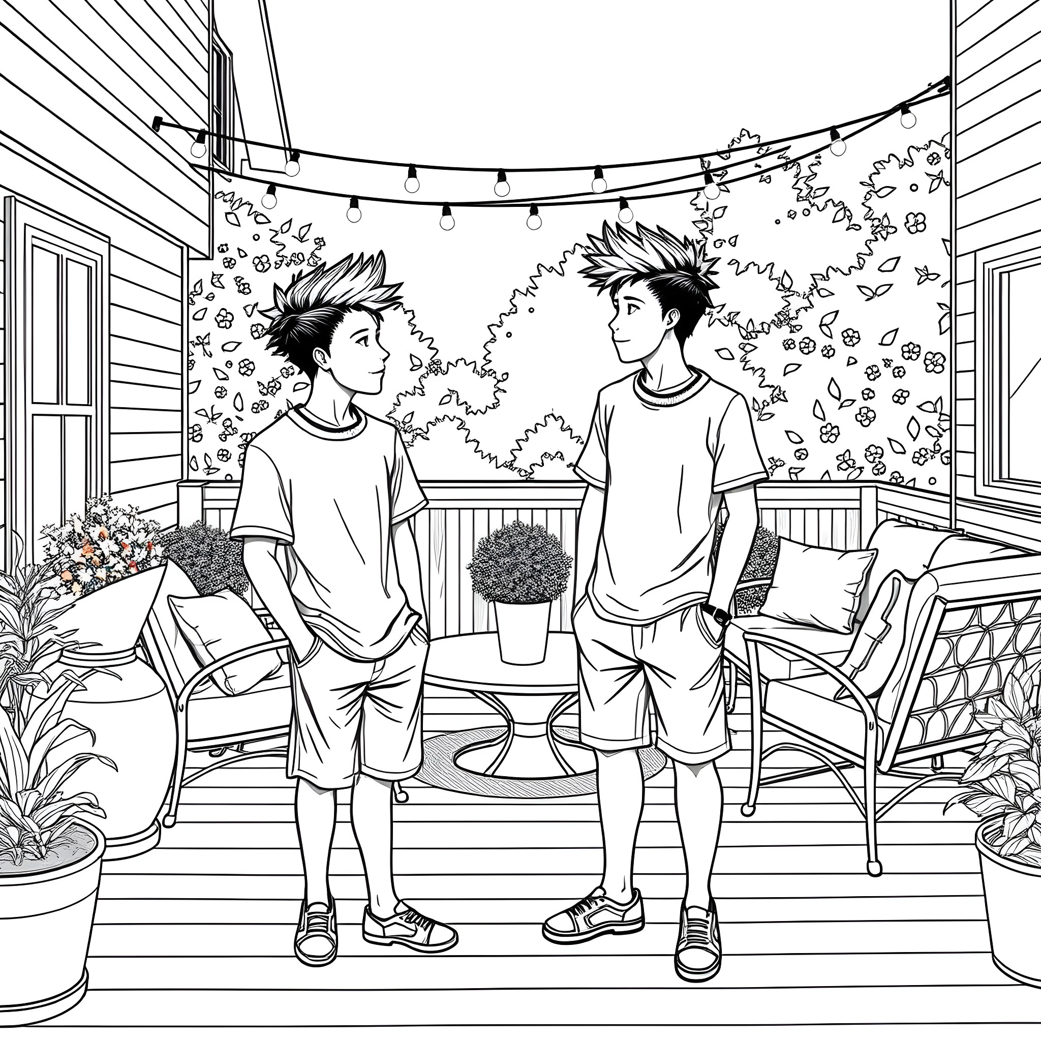 Teen Guys Chatting on Porch with Flower Decor Coloring Page (free black-and-white line drawing printable PDF for all, from beginners to advanced learners, including children, teens, adults, and seniors)