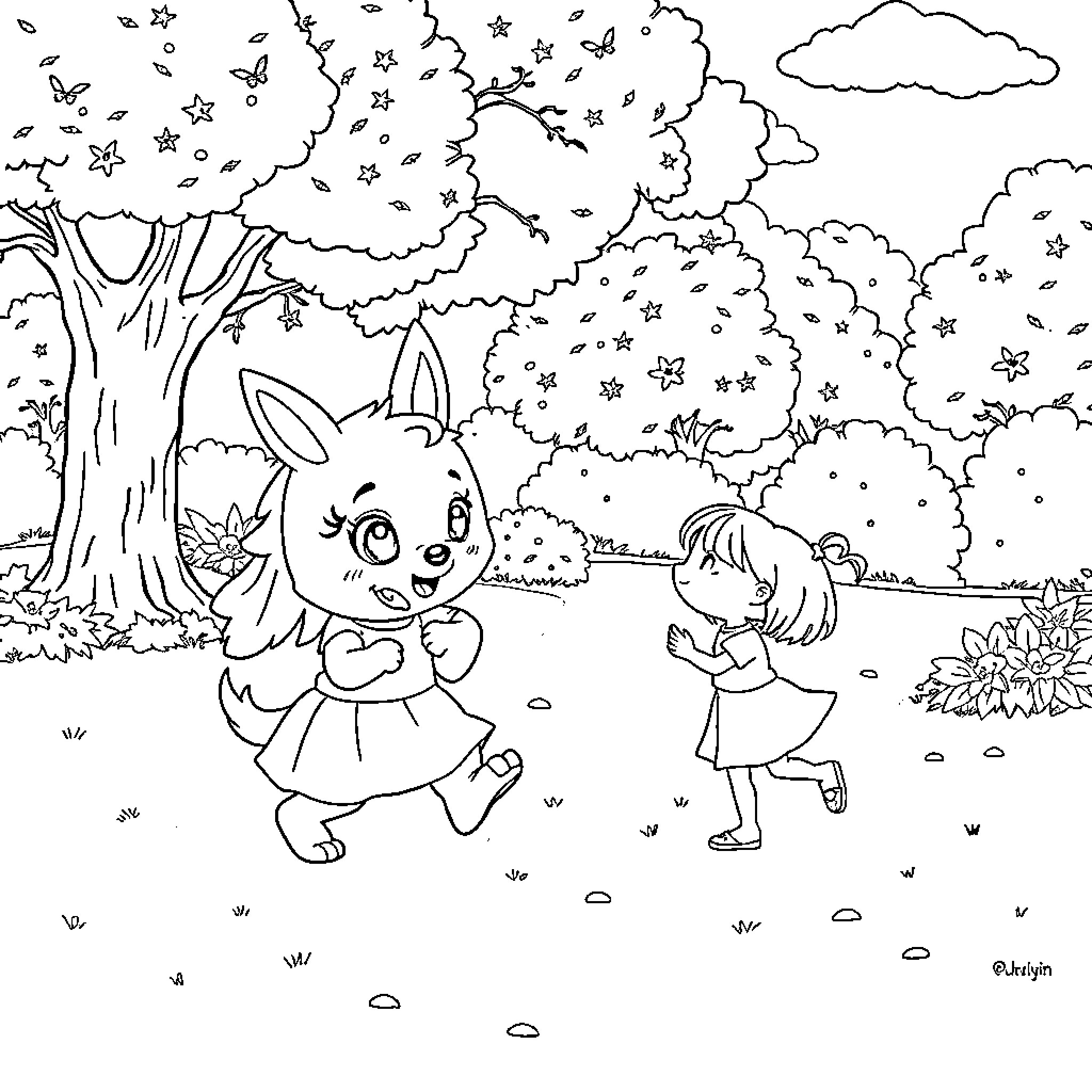 Huntrix Bunny and Girl in Enchanted Forest Coloring Page (free black-and-white line drawing printable PDF for all, from beginners to advanced learners, including children, teens, adults, and seniors)