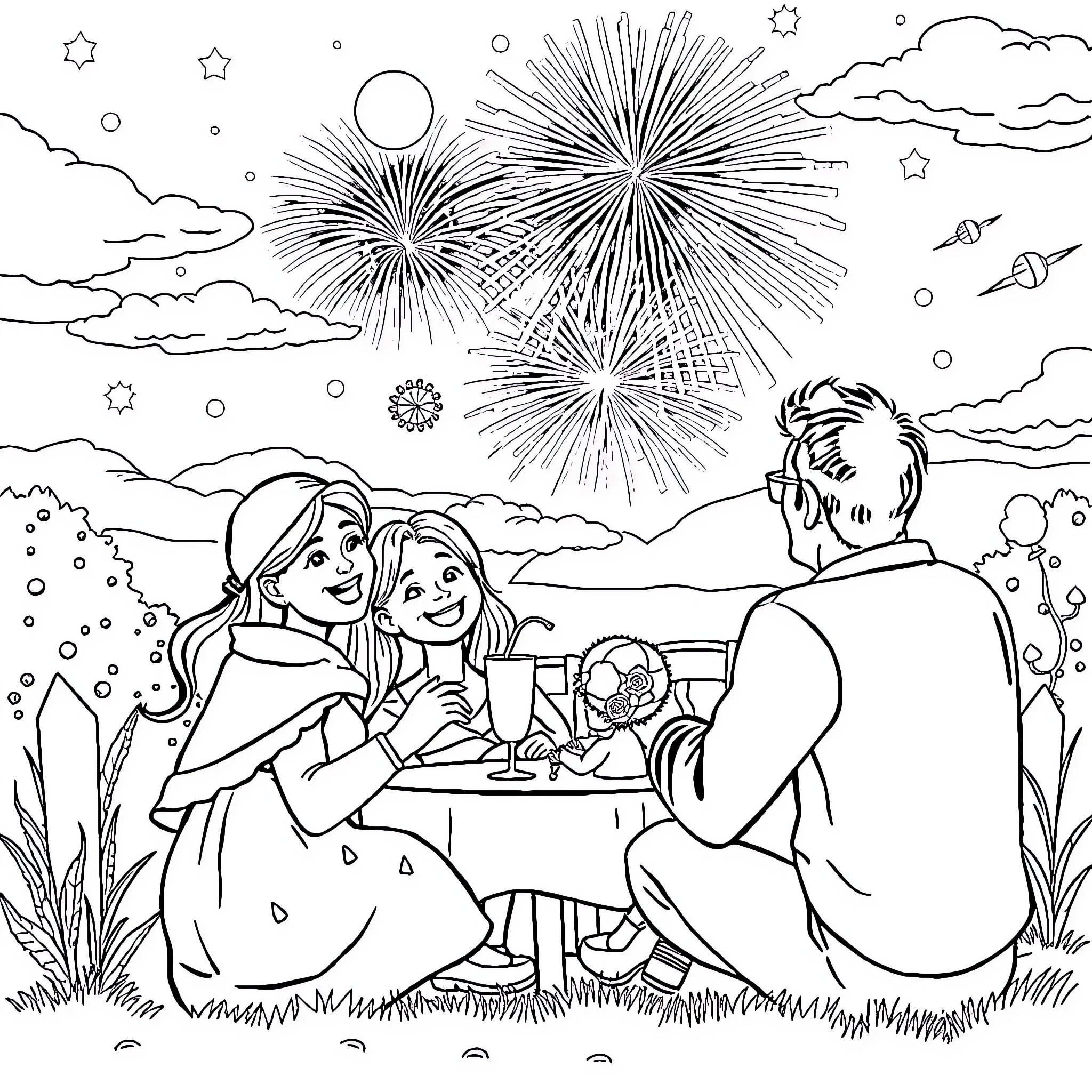 Family enjoying fireworks in a scenic outdoor setting Coloring Page (free black-and-white line drawing printable PDF for all, from beginners to advanced learners, including children, teens, adults, and seniors)