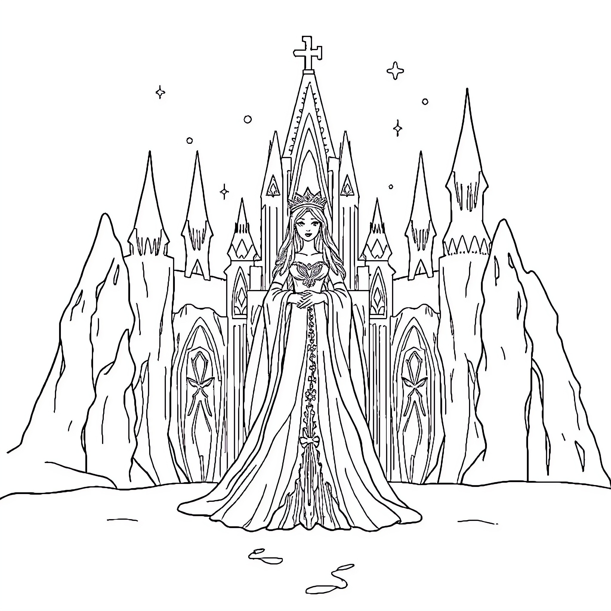 Snow Queen in a Majestic Winter Palace Coloring Page (free black-and-white line drawing printable PDF for all, from beginners to advanced learners, including children, teens, adults, and seniors)