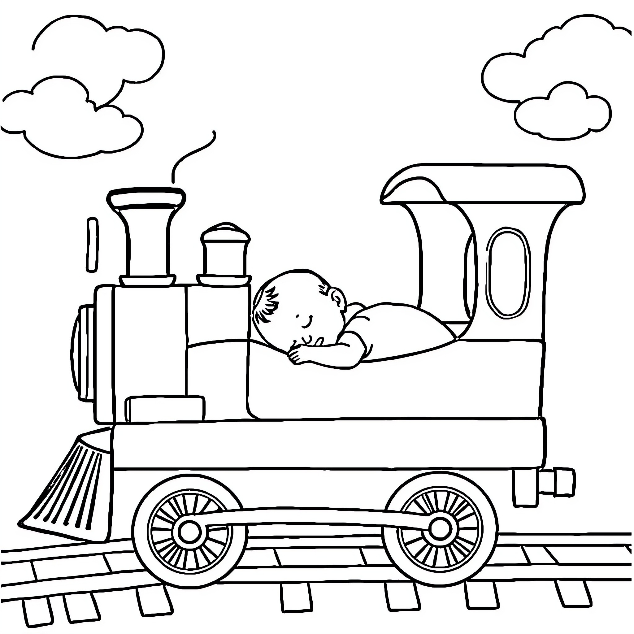 Locomotive with sleeping baby on board Coloring Page (free black-and-white line drawing printable PDF for all, from beginners to advanced learners, including children, teens, adults, and seniors)