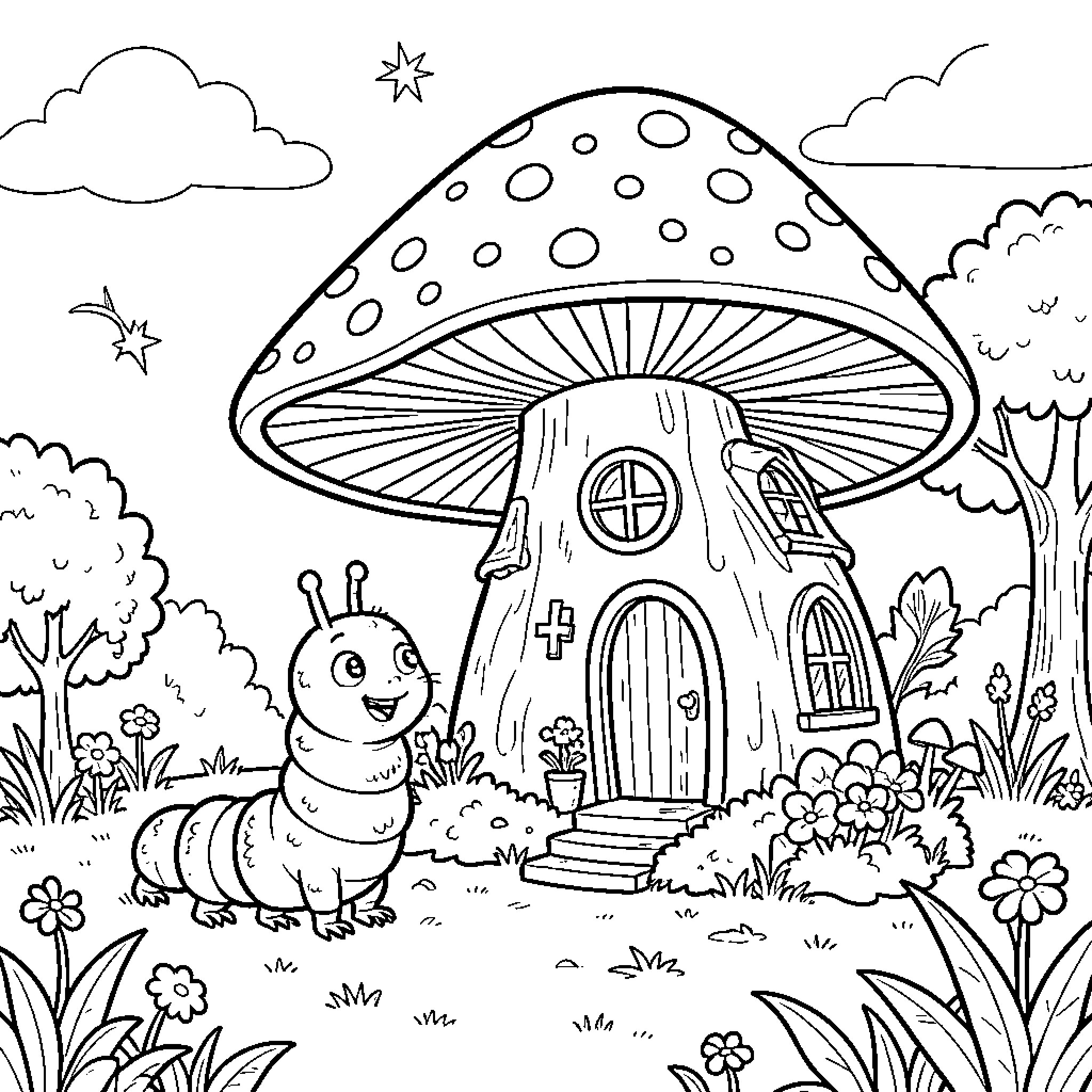 Caterpillar smiling next to a mushroom house Coloring Page (free black-and-white line drawing printable PDF for all, from beginners to advanced learners, including children, teens, adults, and seniors)