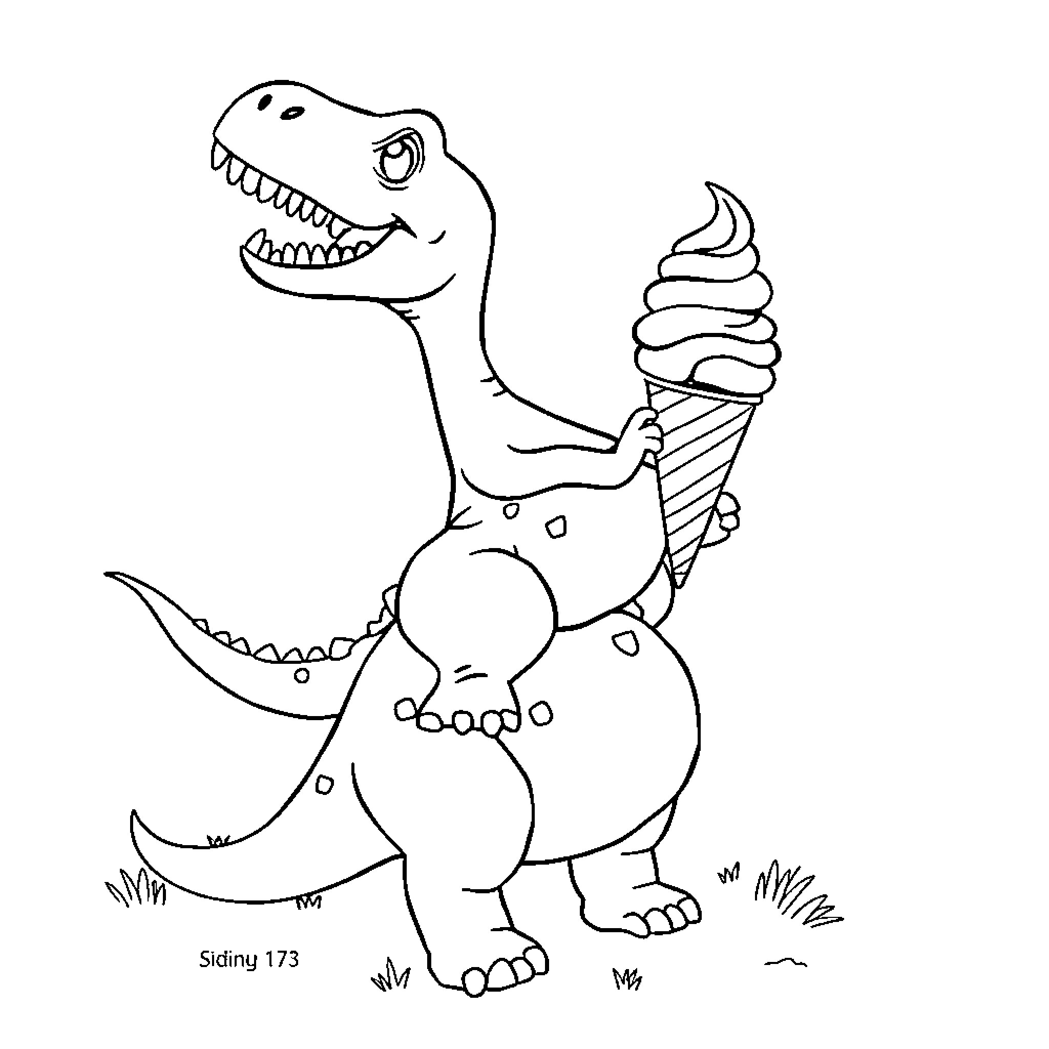 Dinosaur enjoying an ice cream cone Coloring Page (free black-and-white line drawing printable PDF for all, from beginners to advanced learners, including children, teens, adults, and seniors)