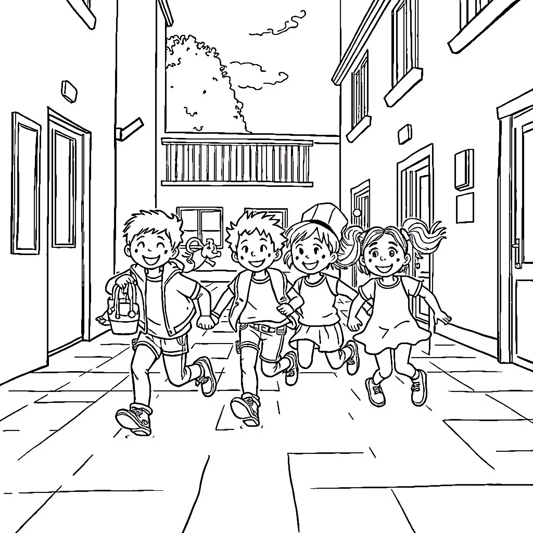 Child friends running happily in school hallway Coloring Page (free black-and-white line drawing printable PDF for all, from beginners to advanced learners, including children, teens, adults, and seniors)