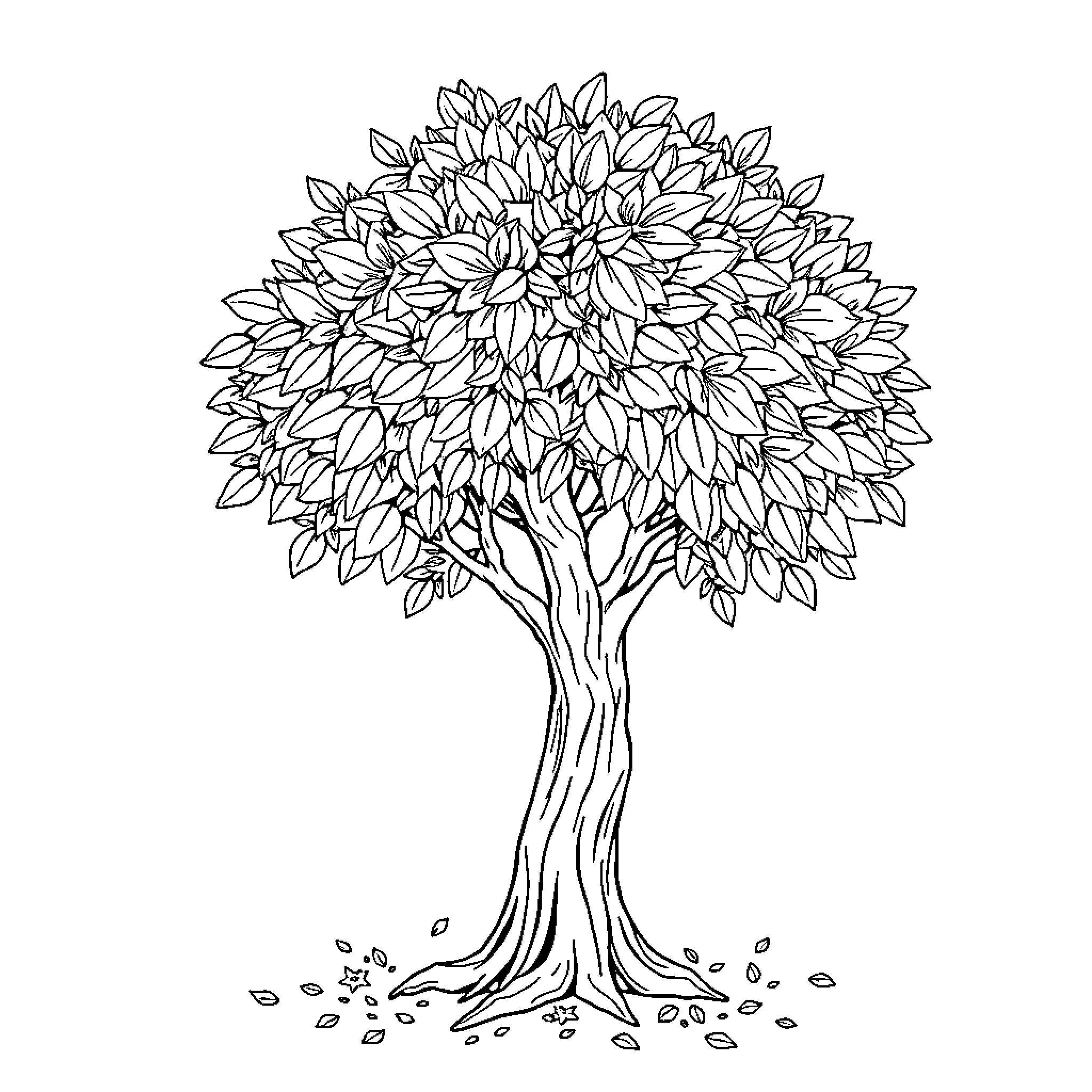 Olive Tree with Flourishing Leaves Coloring Page (free black-and-white line drawing printable PDF for all, from beginners to advanced learners, including children, teens, adults, and seniors)