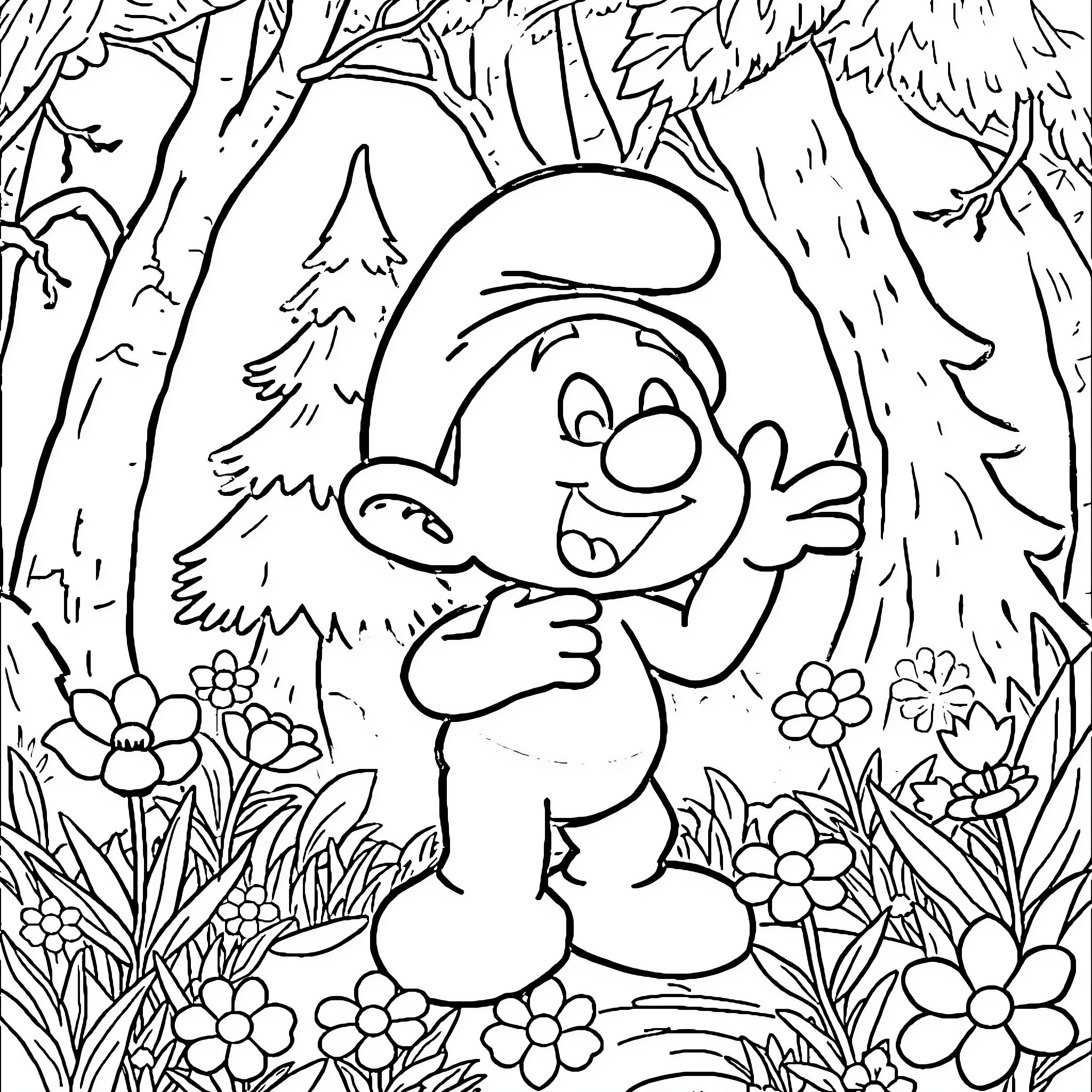 Smurf exploring the enchanted forest Coloring Page (free black-and-white line drawing printable PDF for all, from beginners to advanced learners, including children, teens, adults, and seniors)
