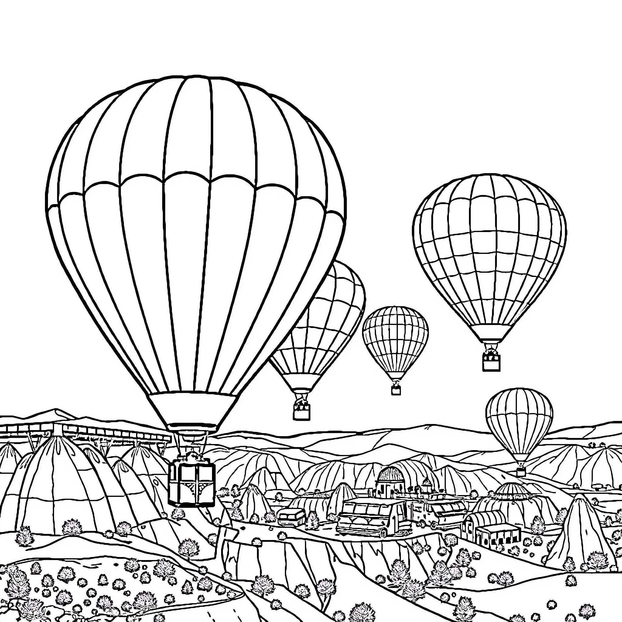 Hot Air Balloons Soaring Over Scenic Landscape Coloring Page (free black-and-white line drawing printable PDF for all, from beginners to advanced learners, including children, teens, adults, and seniors)