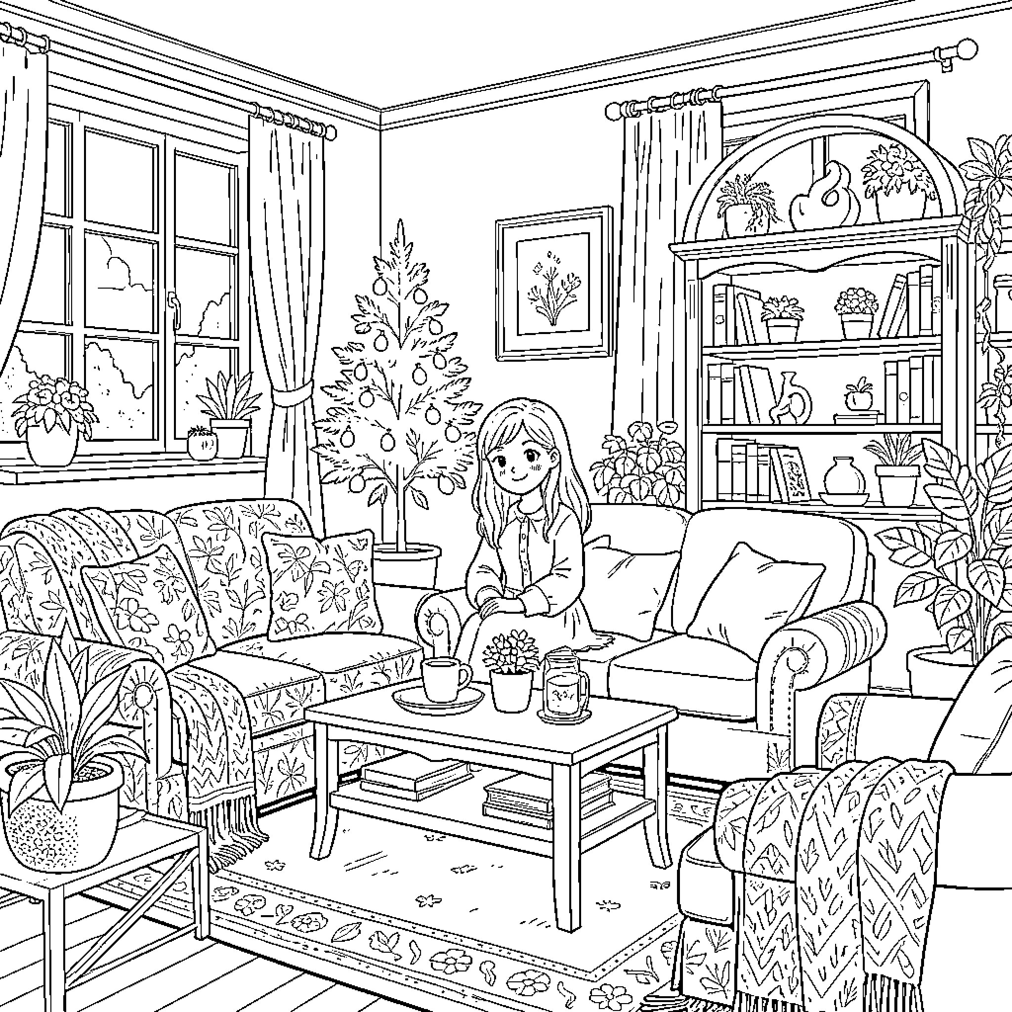 Chloe sitting calmly in a cozy living room Coloring Page (free black-and-white line drawing printable PDF for all, from beginners to advanced learners, including children, teens, adults, and seniors)
