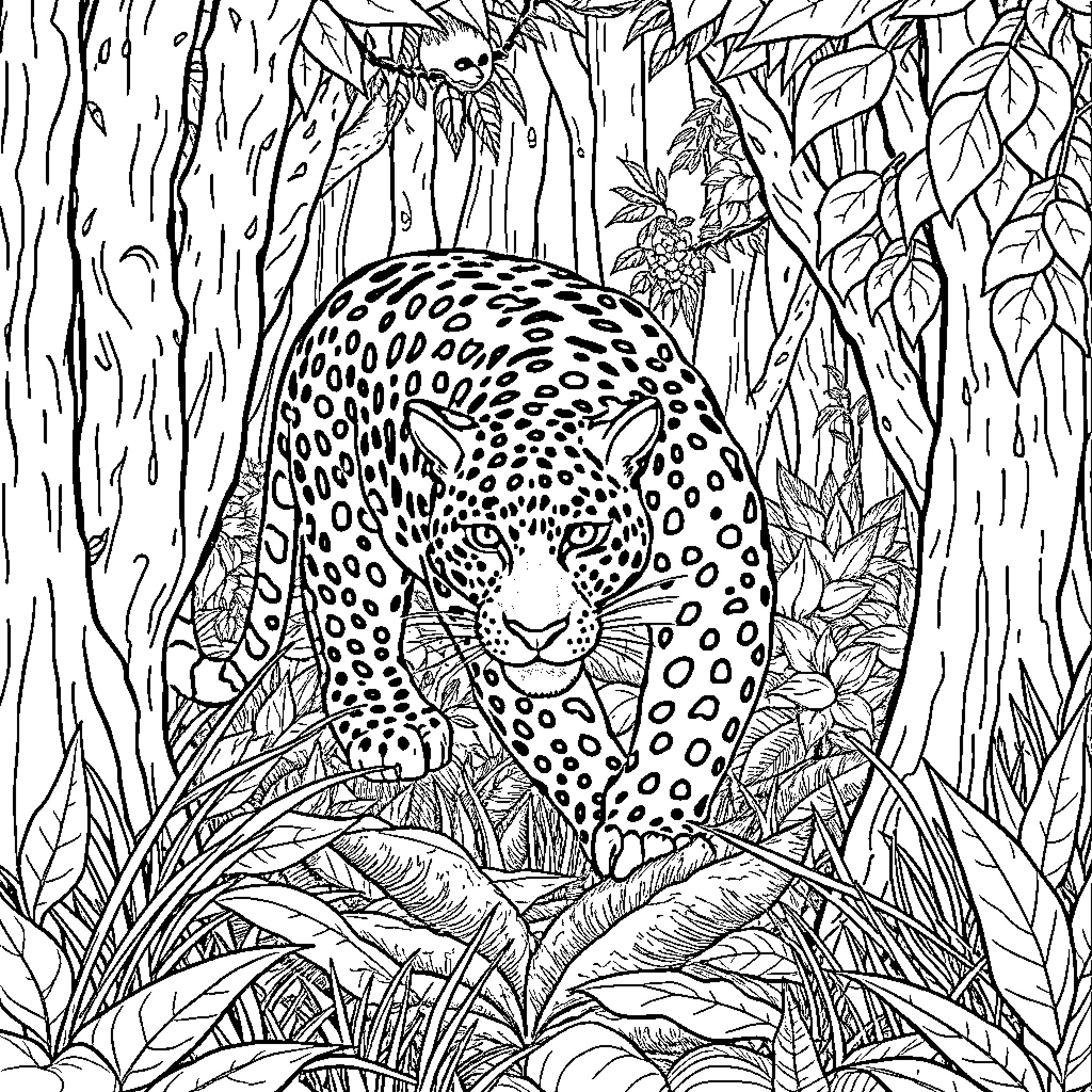 Leopard stalking in the jungle Coloring Page (free black-and-white line drawing printable PDF for all, from beginners to advanced learners, including children, teens, adults, and seniors)