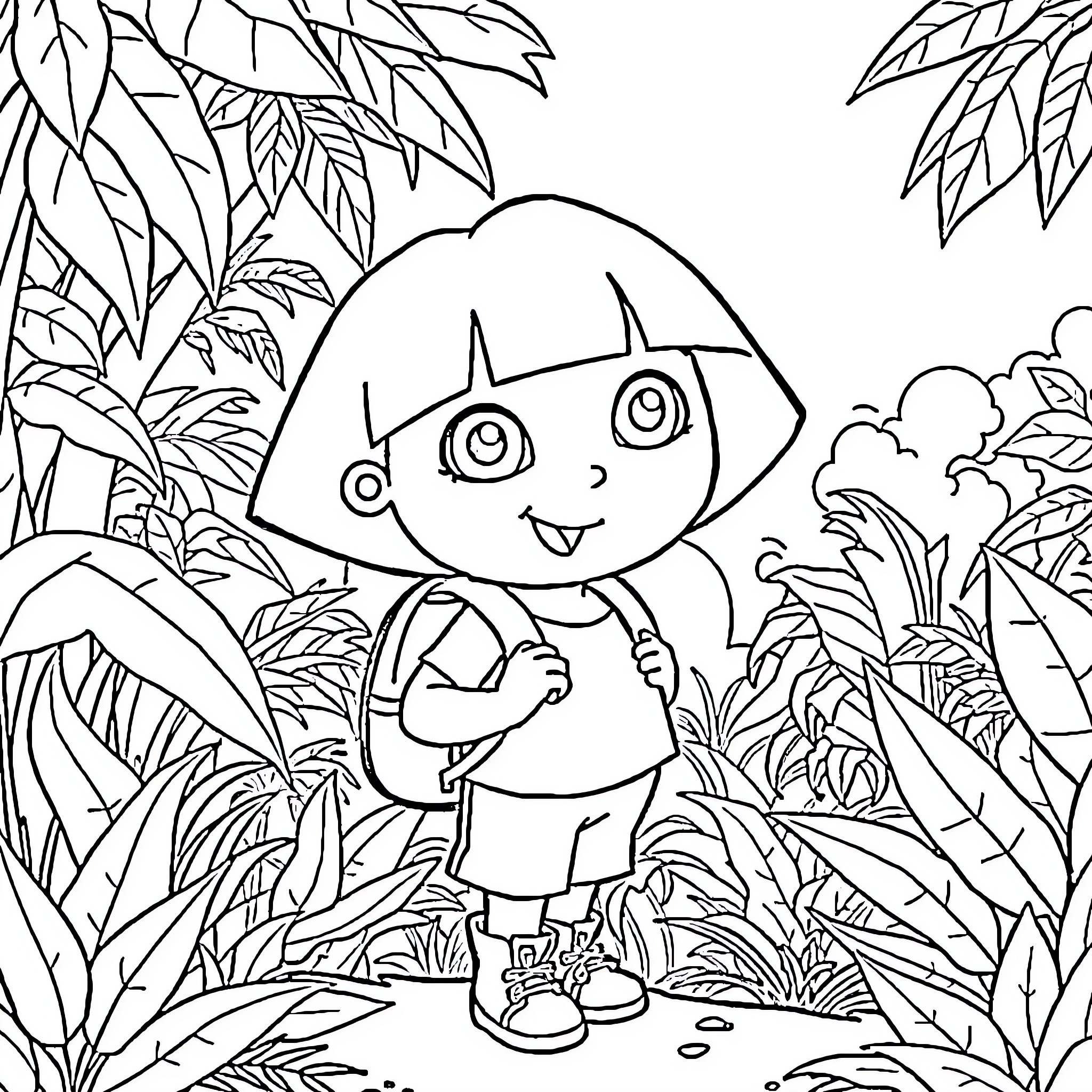 Dora exploring the jungle adventure Coloring Page (free black-and-white line drawing printable PDF for all, from beginners to advanced learners, including children, teens, adults, and seniors)