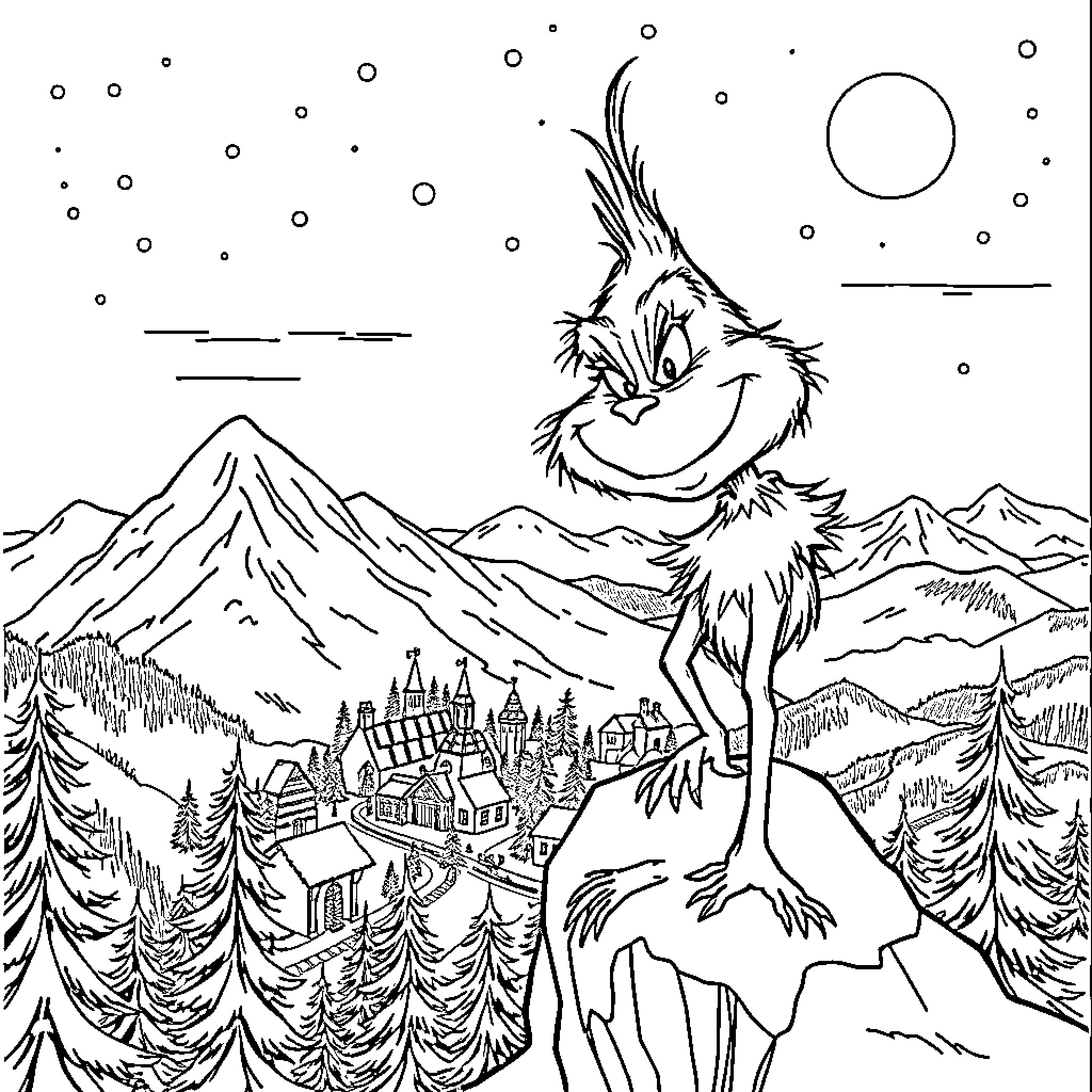 Grinch towering over wintery landscape Coloring Page (free black-and-white line drawing printable PDF for all, from beginners to advanced learners, including children, teens, adults, and seniors)