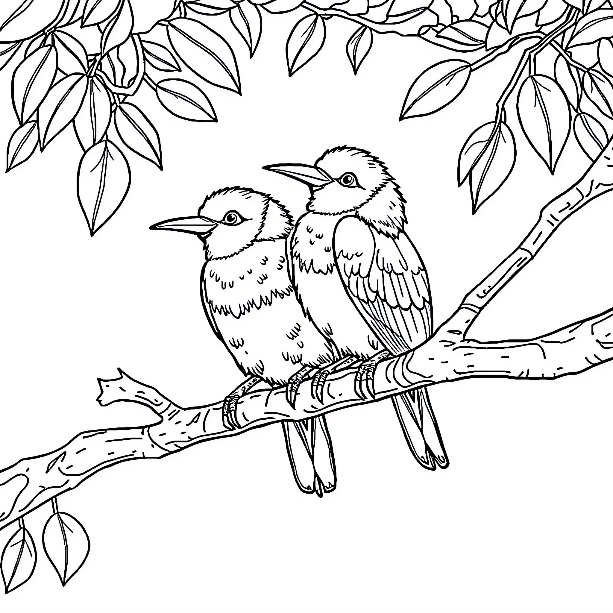 Birds perched on a branch with leaves Coloring Page (free black-and-white line drawing printable PDF for all, from beginners to advanced learners, including children, teens, adults, and seniors)