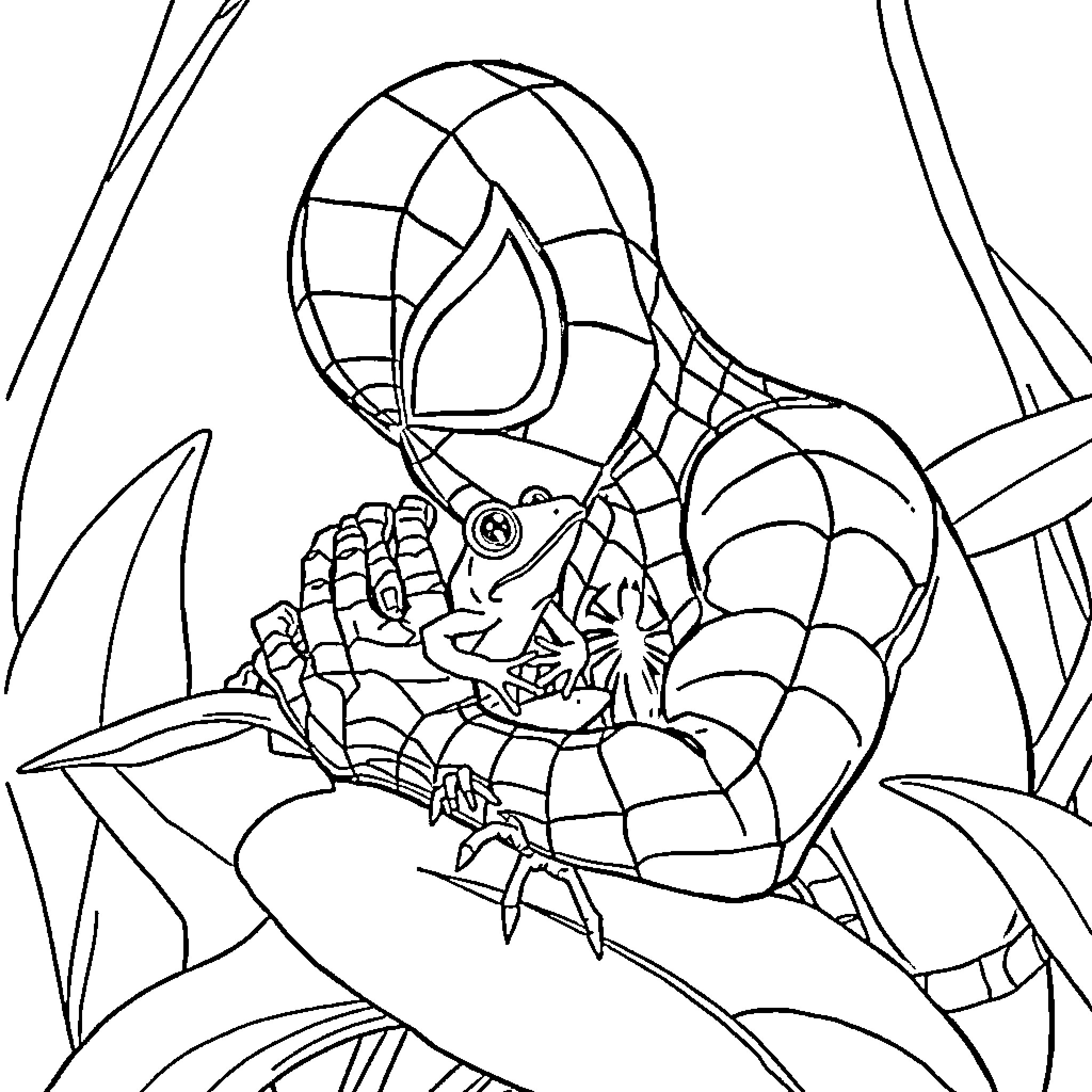 Spider-Man swinging through the city in action Coloring Page (free black-and-white line drawing printable PDF for all, from beginners to advanced learners, including children, teens, adults, and seniors)
