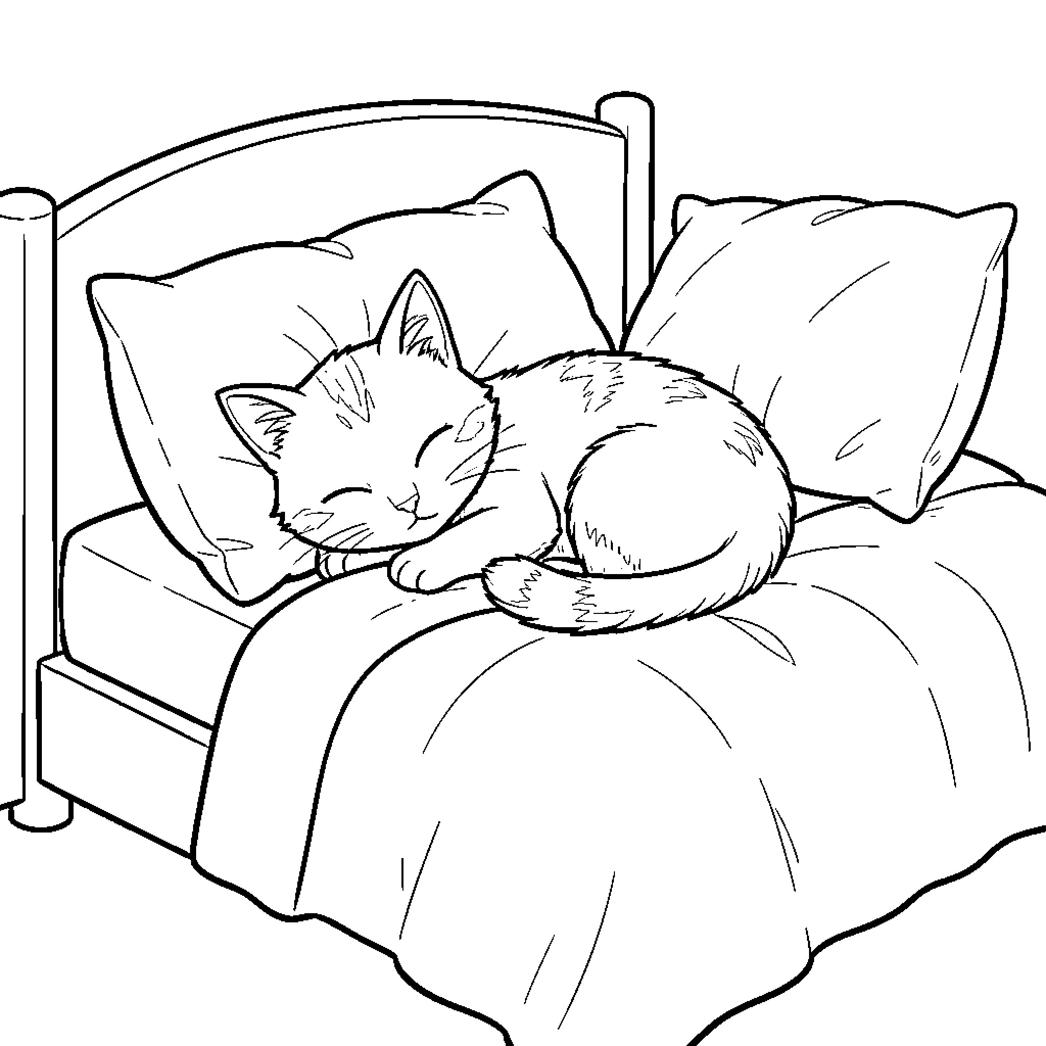 Cat sleeping peacefully on bed Coloring Page (free black-and-white line drawing printable PDF for all, from beginners to advanced learners, including children, teens, adults, and seniors)