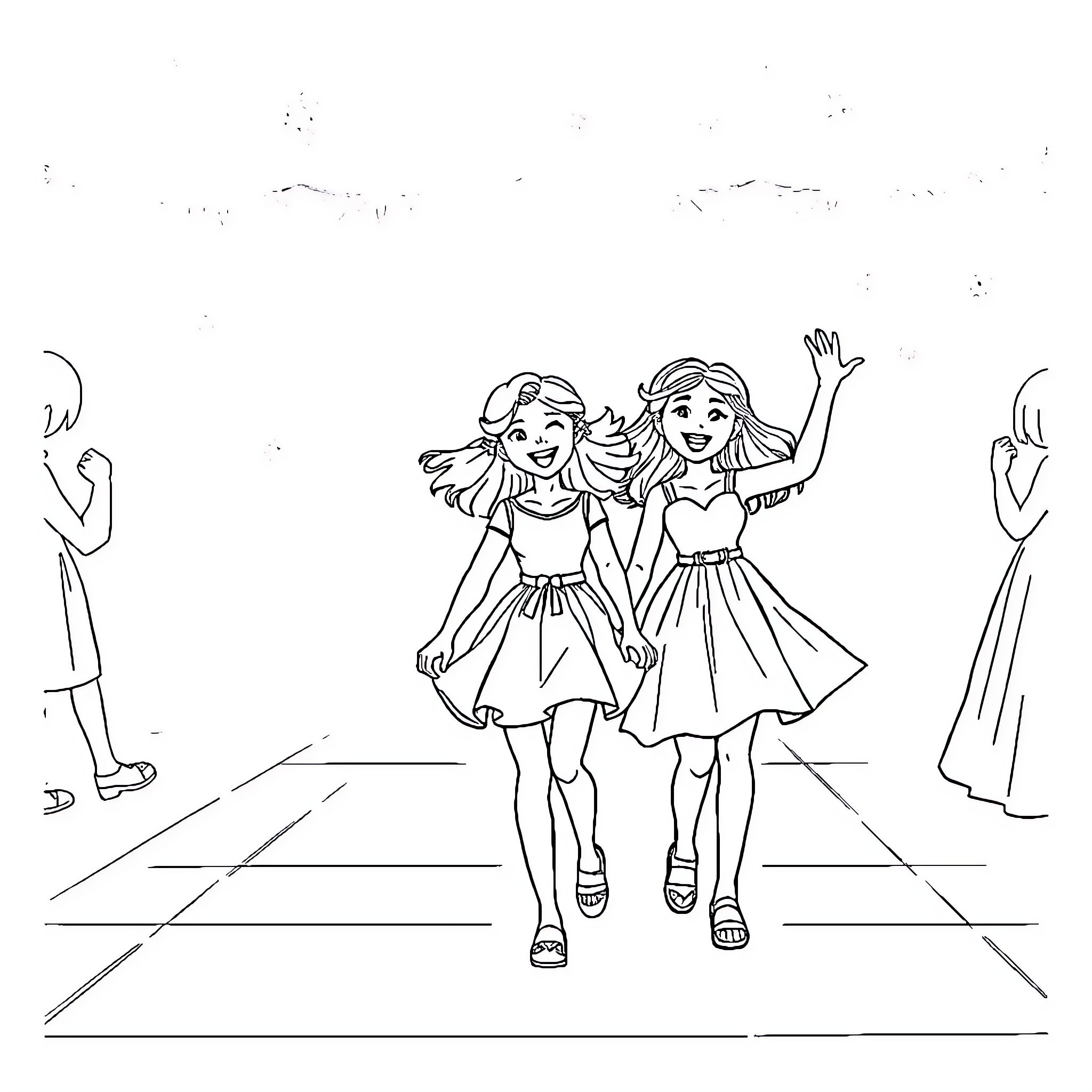 Girls Happily Walking Down the Runway Coloring Page (free black-and-white line drawing printable PDF for all, from beginners to advanced learners, including children, teens, adults, and seniors)