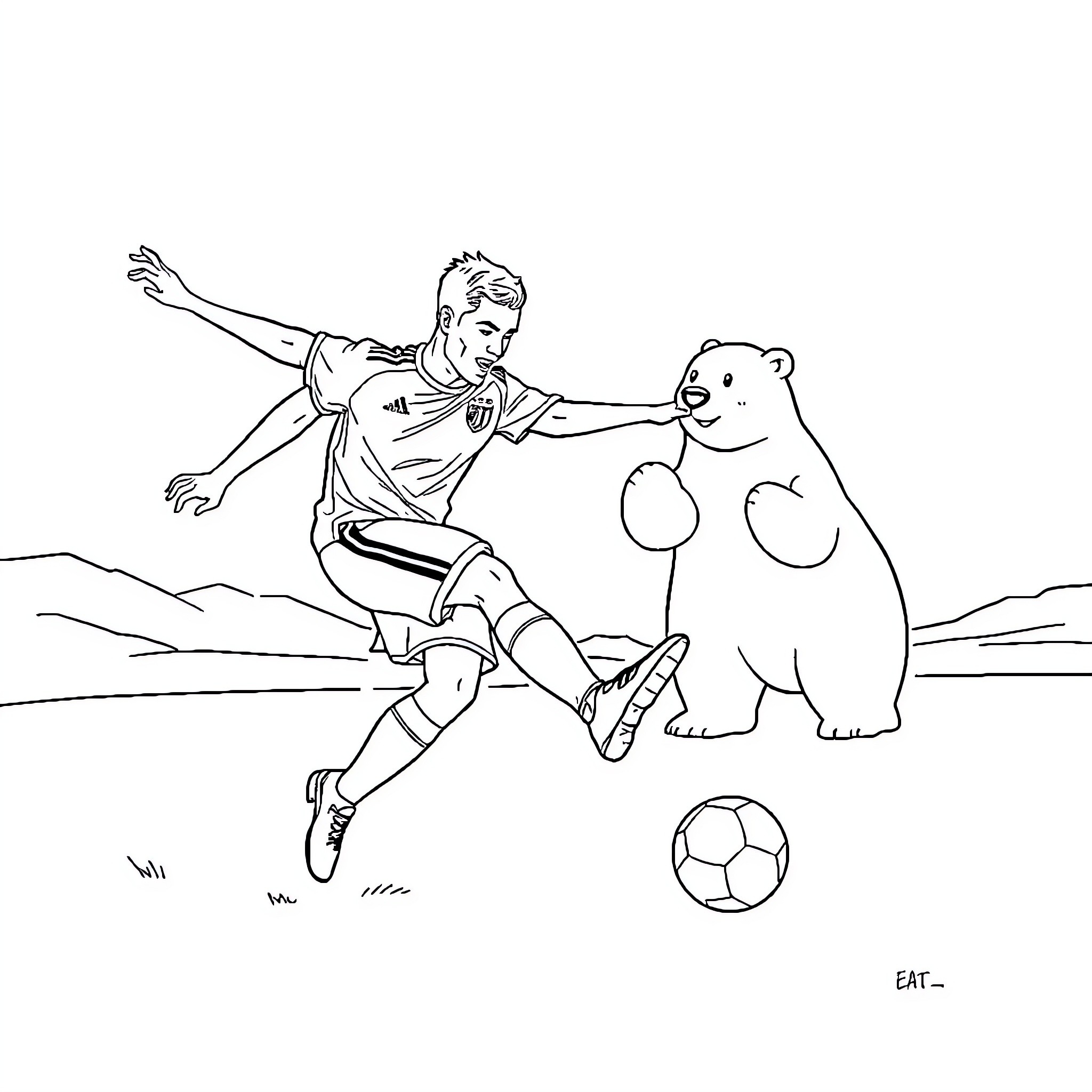 Ronaldo playing soccer with a bear Coloring Page (free black-and-white line drawing printable PDF for all, from beginners to advanced learners, including children, teens, adults, and seniors)