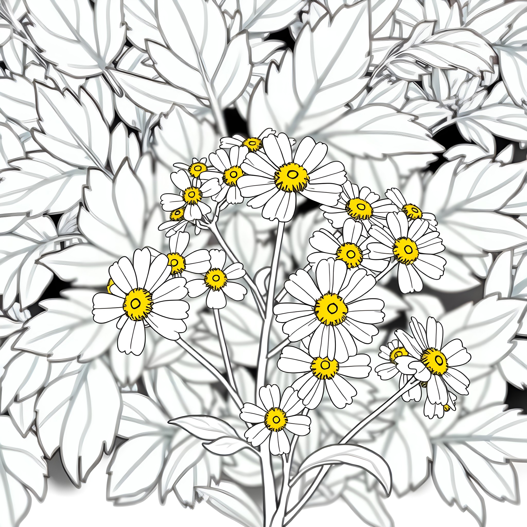 Feverfew flowers blooming beautifully Coloring Page (free black-and-white line drawing printable PDF for all, from beginners to advanced learners, including children, teens, adults, and seniors)