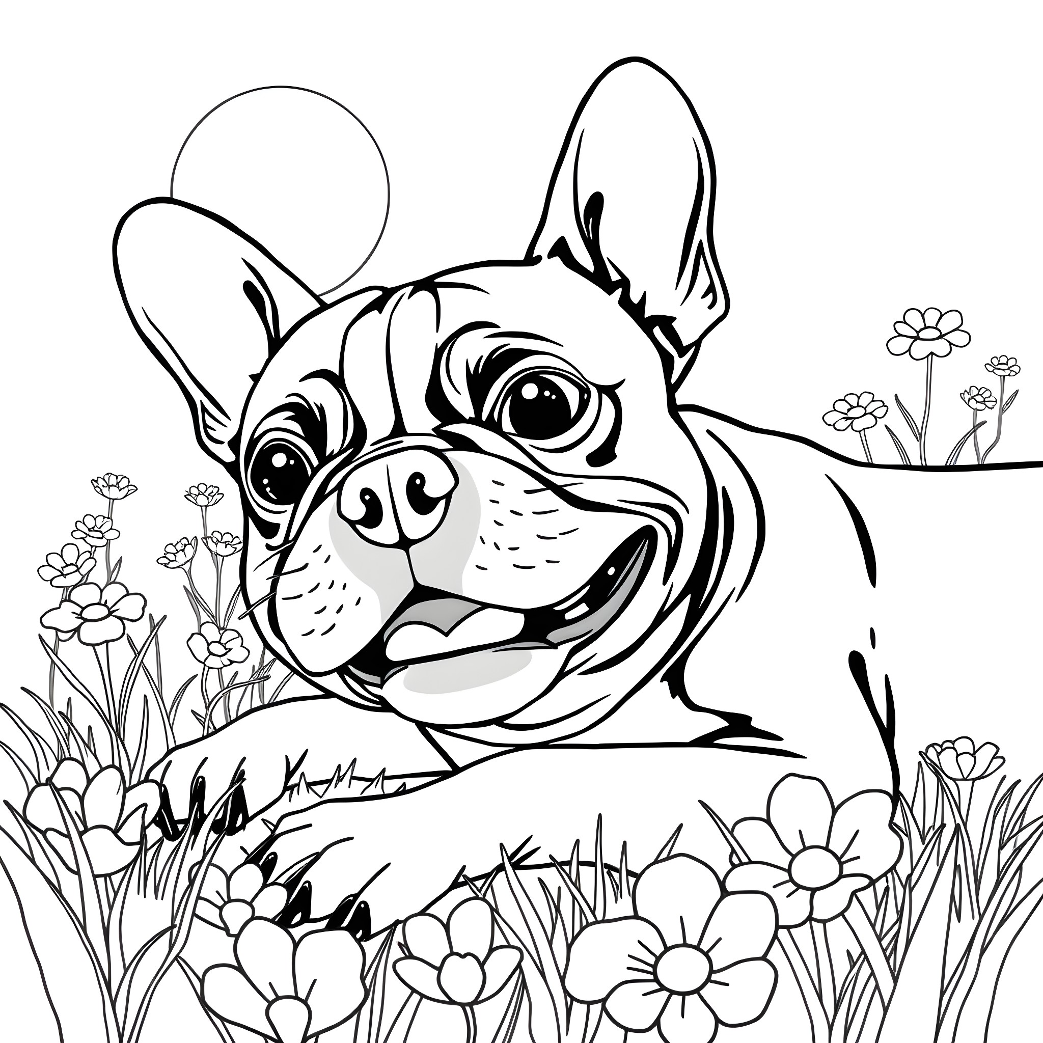 Boston Terrier exploring a flower garden Coloring Page (free black-and-white line drawing printable PDF for all, from beginners to advanced learners, including children, teens, adults, and seniors)