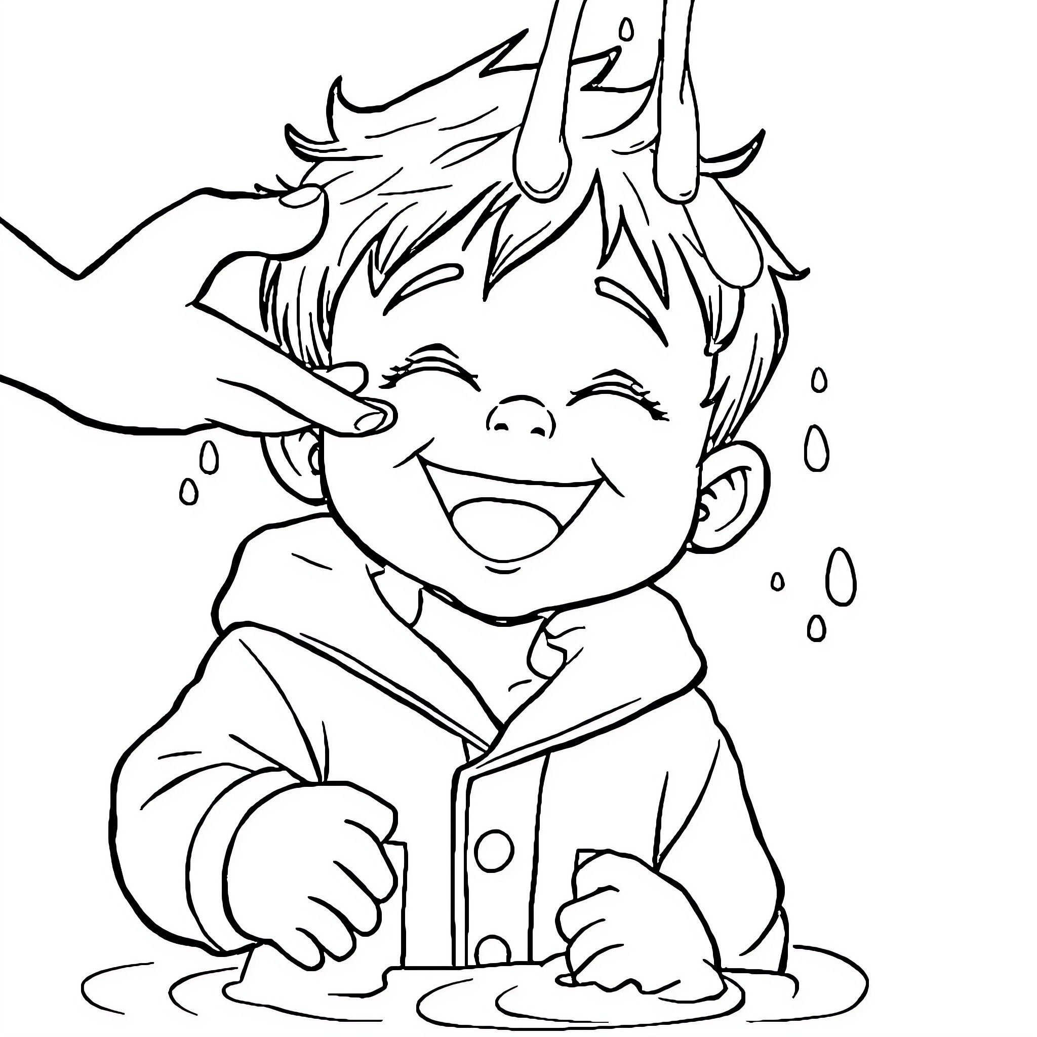 Garçon enjoying the rain playfully Coloring Page (free black-and-white line drawing printable PDF for all, from beginners to advanced learners, including children, teens, adults, and seniors)