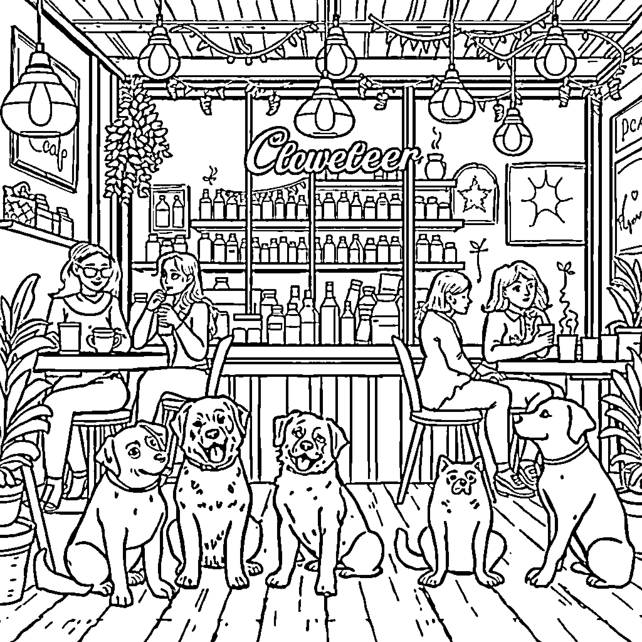 Dogs hanging out at the cafe Coloring Page (free black-and-white line drawing printable PDF for all, from beginners to advanced learners, including children, teens, adults, and seniors)