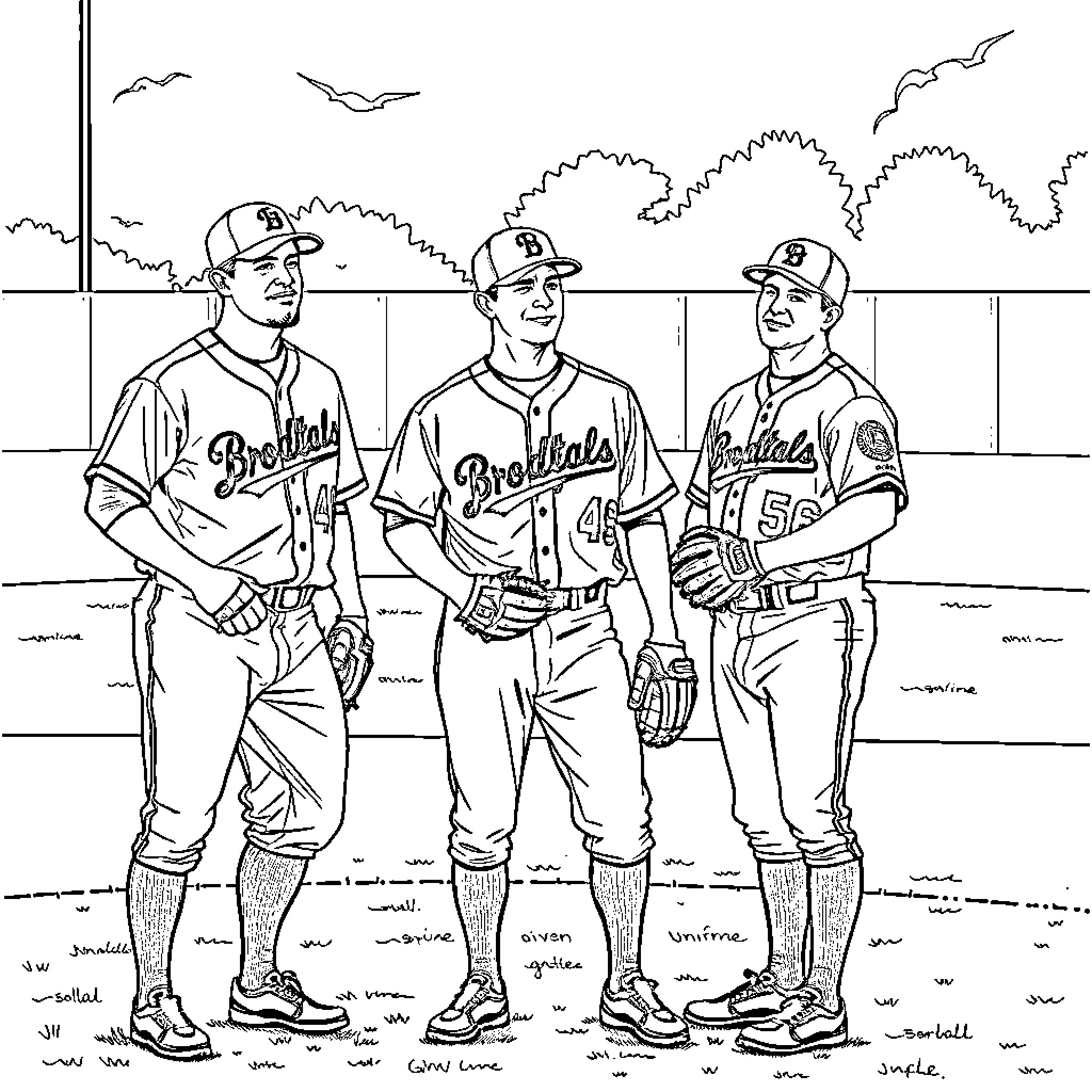 Baseball Players Standing on the Field Coloring Page (free black-and-white line drawing printable PDF for all, from beginners to advanced learners, including children, teens, adults, and seniors)