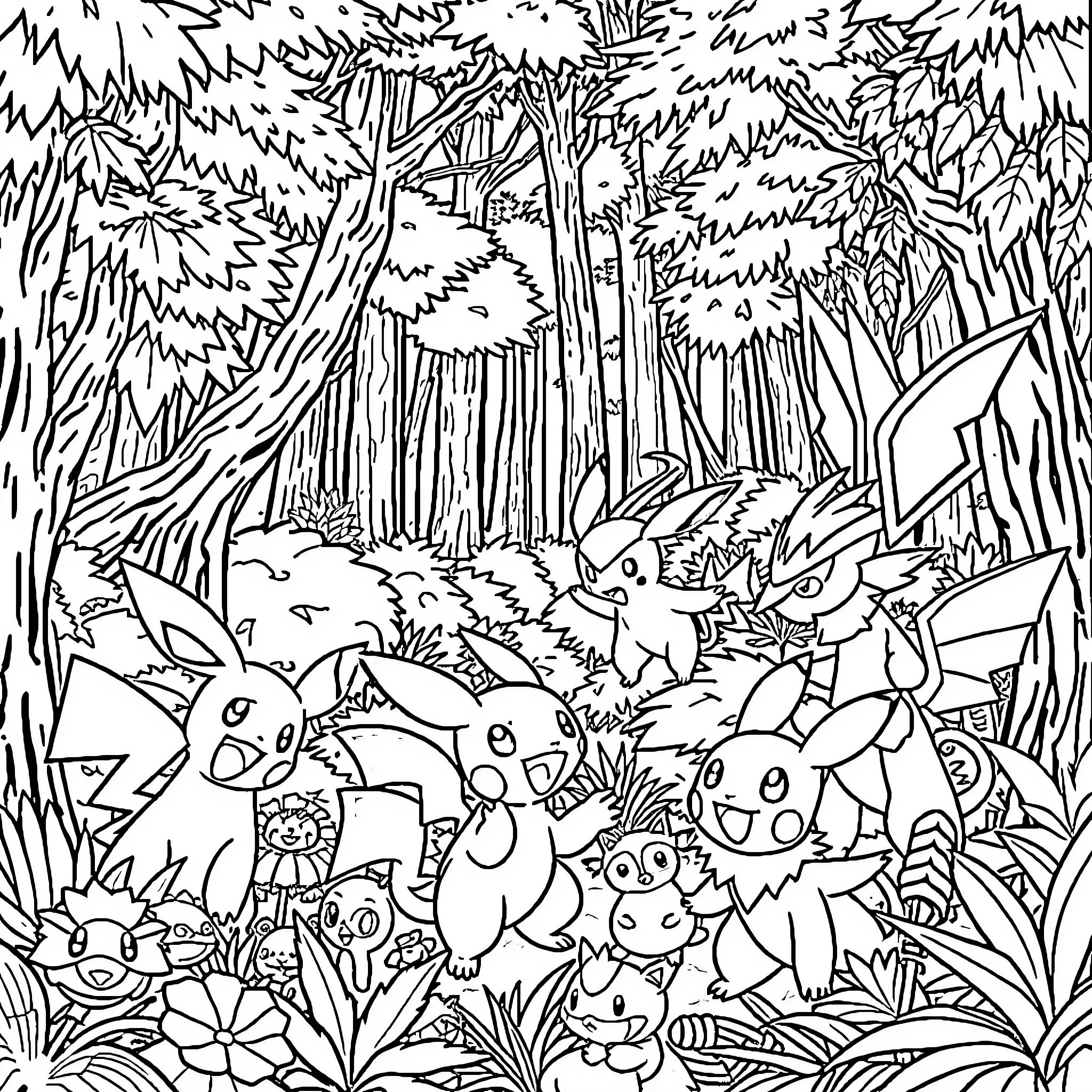 Pokémon Adventure in the Enchanted Forest Coloring Page (free black-and-white line drawing printable PDF for all, from beginners to advanced learners, including children, teens, adults, and seniors)