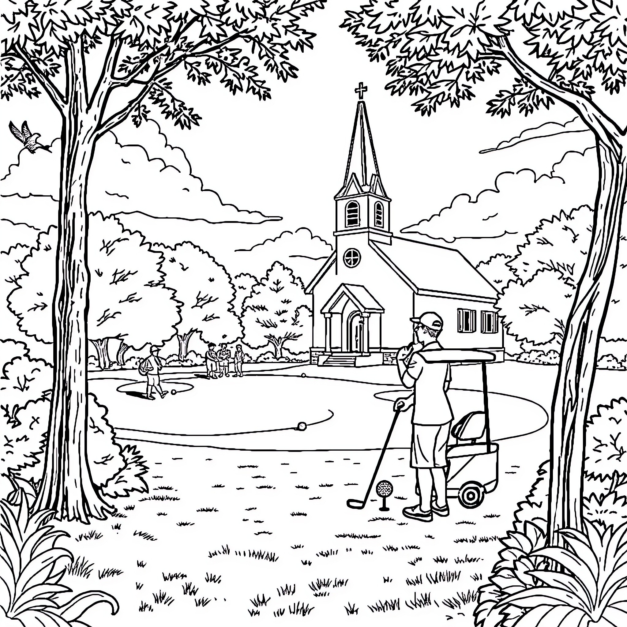 Church Scene with Golfer in the Countryside Coloring Page (free black-and-white line drawing printable PDF for all, from beginners to advanced learners, including children, teens, adults, and seniors)