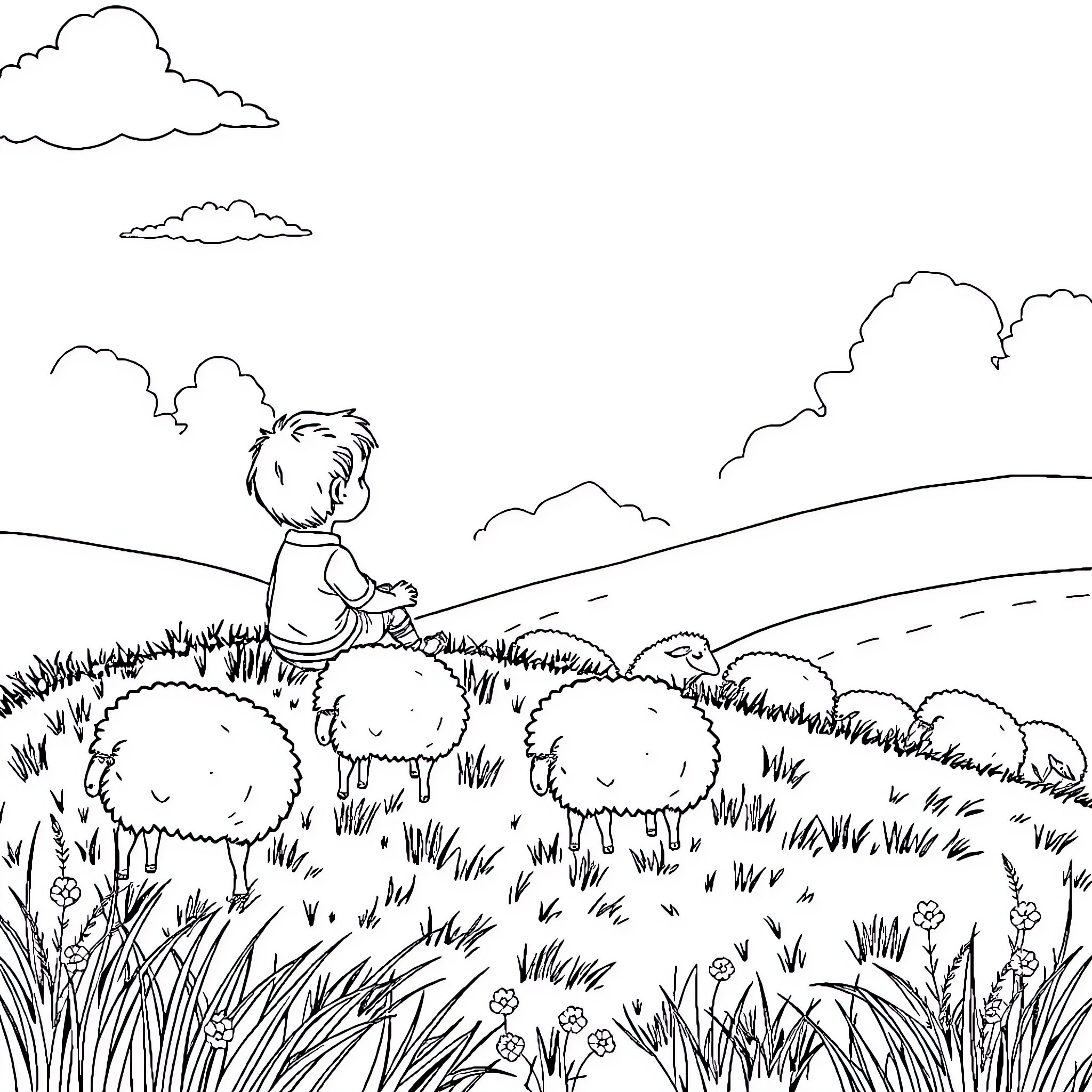 Boy sitting peacefully in meadow surrounded by nature Coloring Page (free black-and-white line drawing printable PDF for all, from beginners to advanced learners, including children, teens, adults, and seniors)