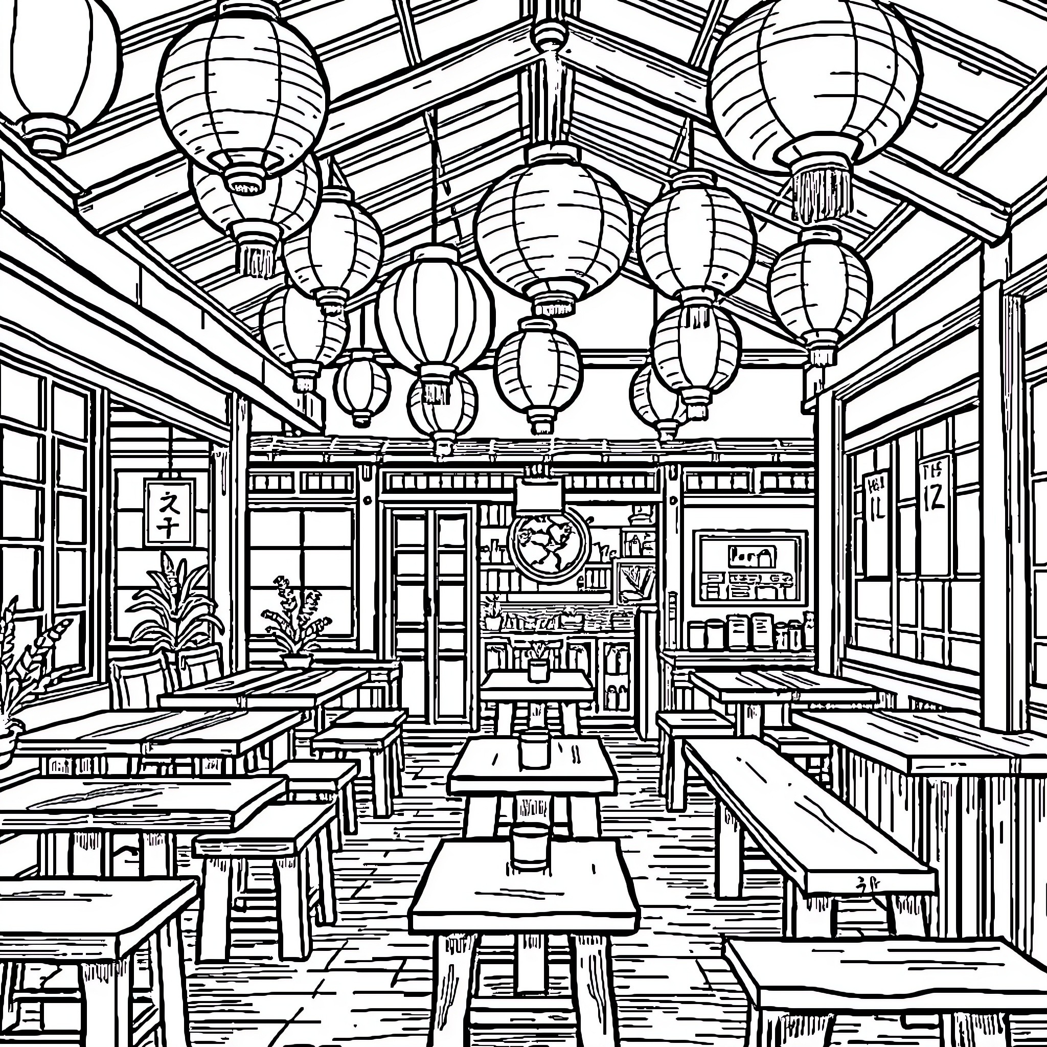 Japanese Cafe with Lively Lanterns and Cozy Seating Coloring Page (free black-and-white line drawing printable PDF for all, from beginners to advanced learners, including children, teens, adults, and seniors)