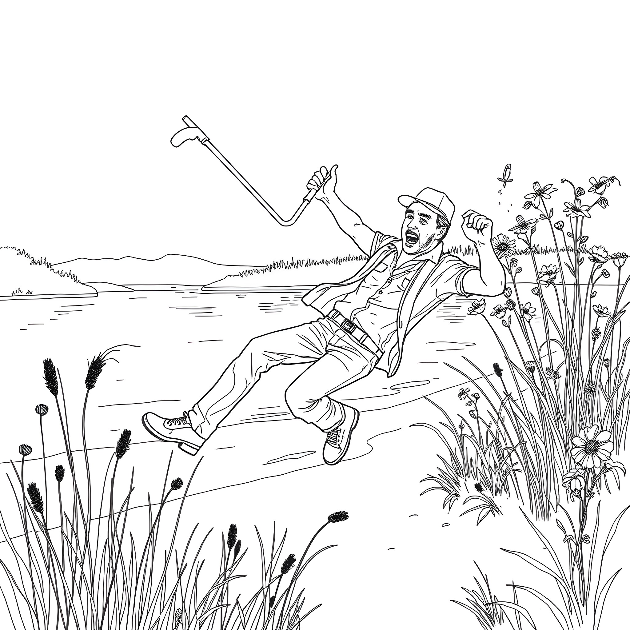 Man exploring nature and enjoying outdoor activities Coloring Page (free black-and-white line drawing printable PDF for all, from beginners to advanced learners, including children, teens, adults, and seniors)