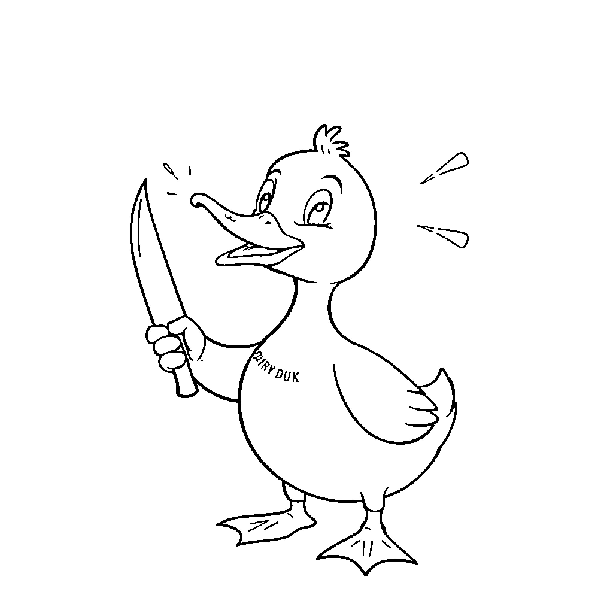 Duck with a knife having an excited expression Coloring Page (free black-and-white line drawing printable PDF for all, from beginners to advanced learners, including children, teens, adults, and seniors)