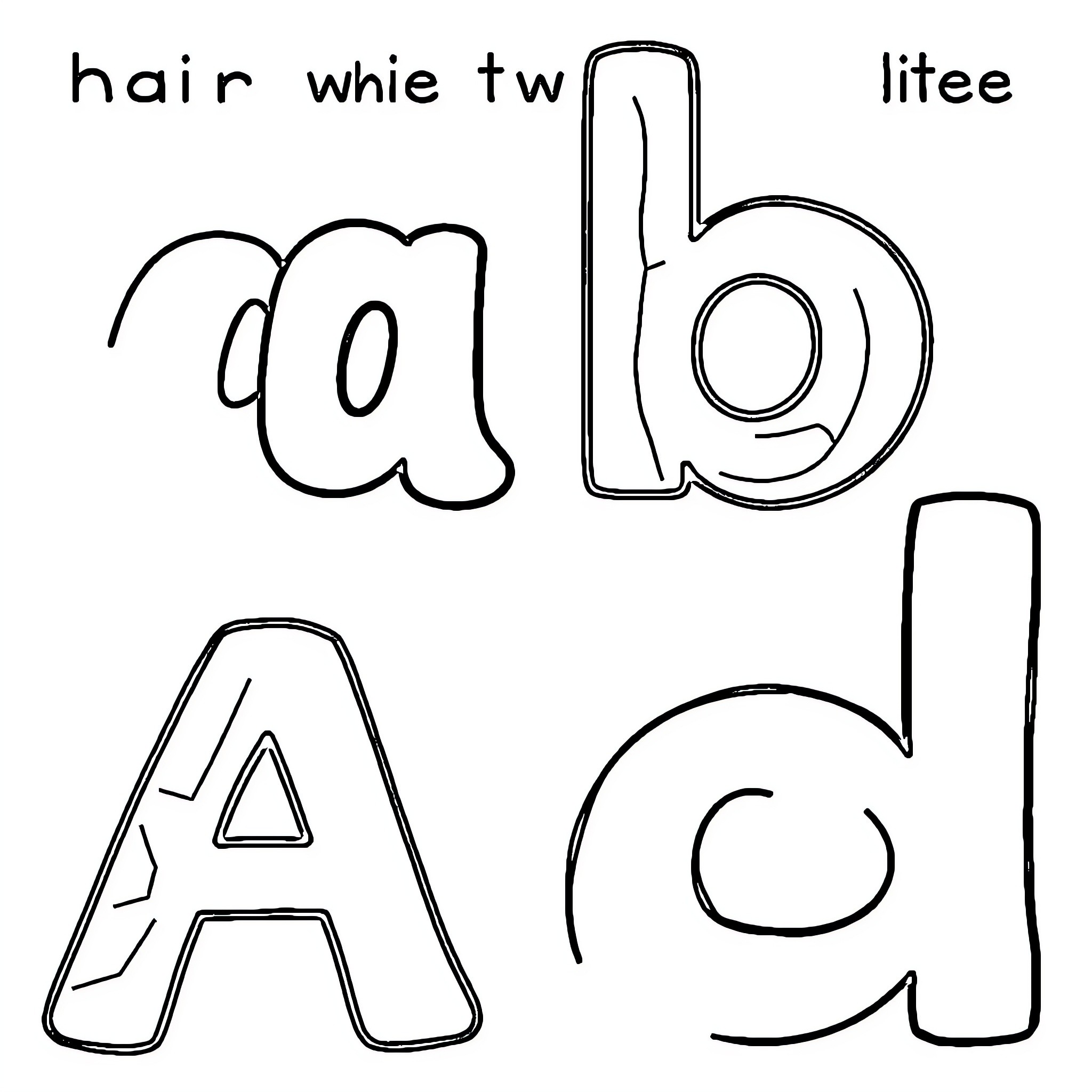 ABC Whimsical Lettering and Typography Coloring Page (free black-and-white line drawing printable PDF for all, from beginners to advanced learners, including children, teens, adults, and seniors)